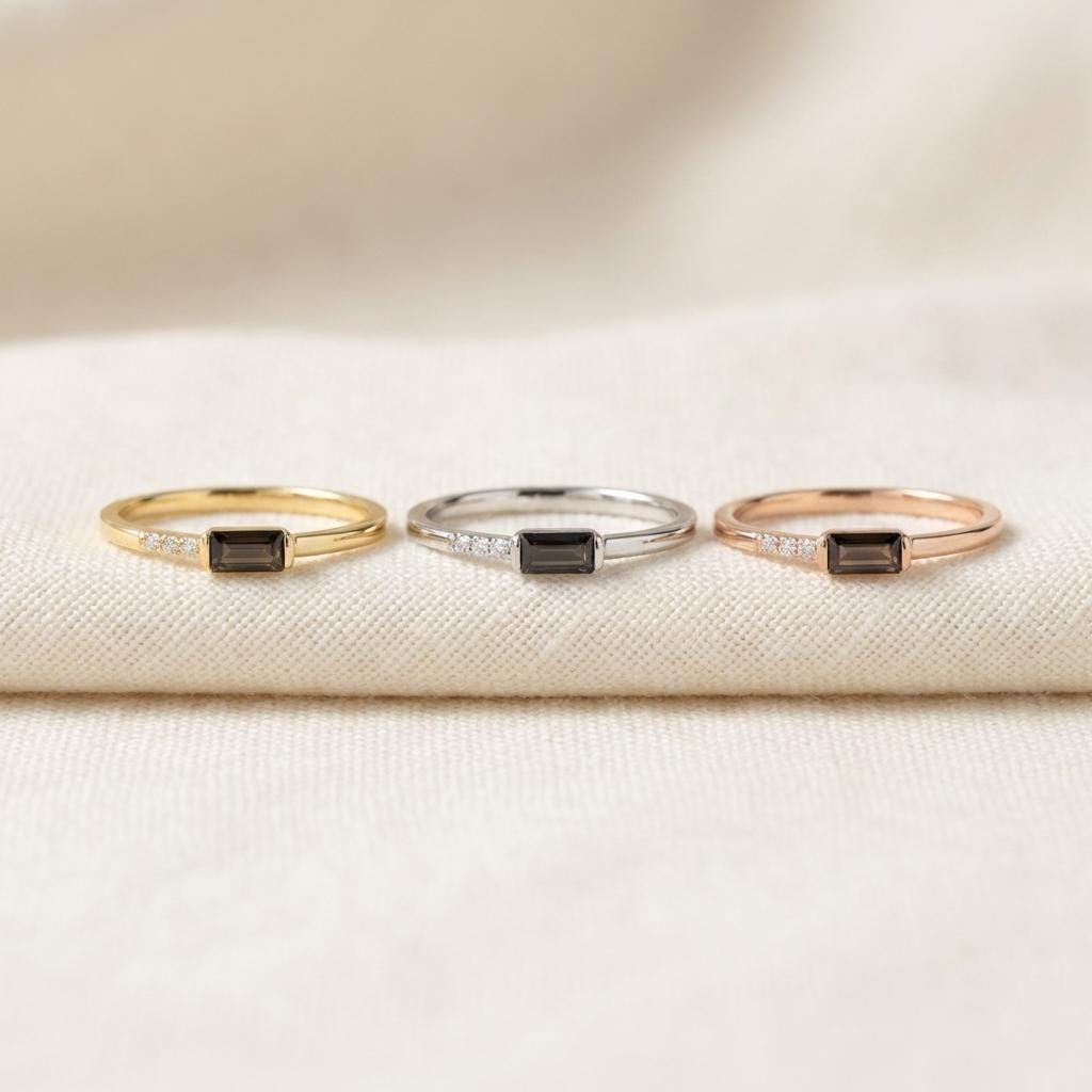 Dainty Baguette Black Diamond Ring, Minimalist Alternative Engagement Ring, Black Gemstone Ring for Her