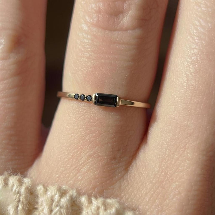 Dainty Baguette Black Diamond Ring, Minimalist Alternative Engagement Ring, Black Gemstone Ring for Her, All Black Diamond Ring