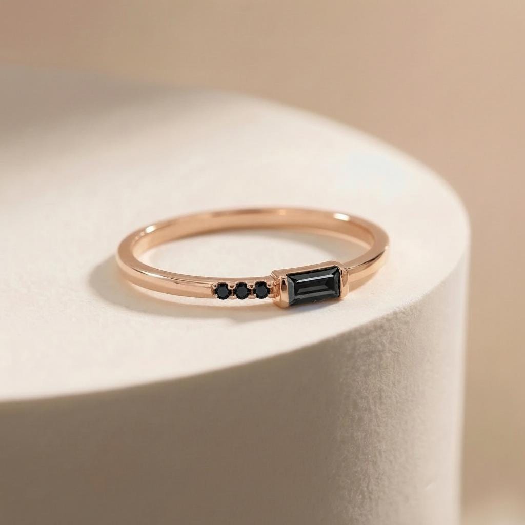 Dainty Baguette Black Diamond Ring, Minimalist Alternative Engagement Ring, Black Gemstone Ring for Her, All Black Diamond Ring