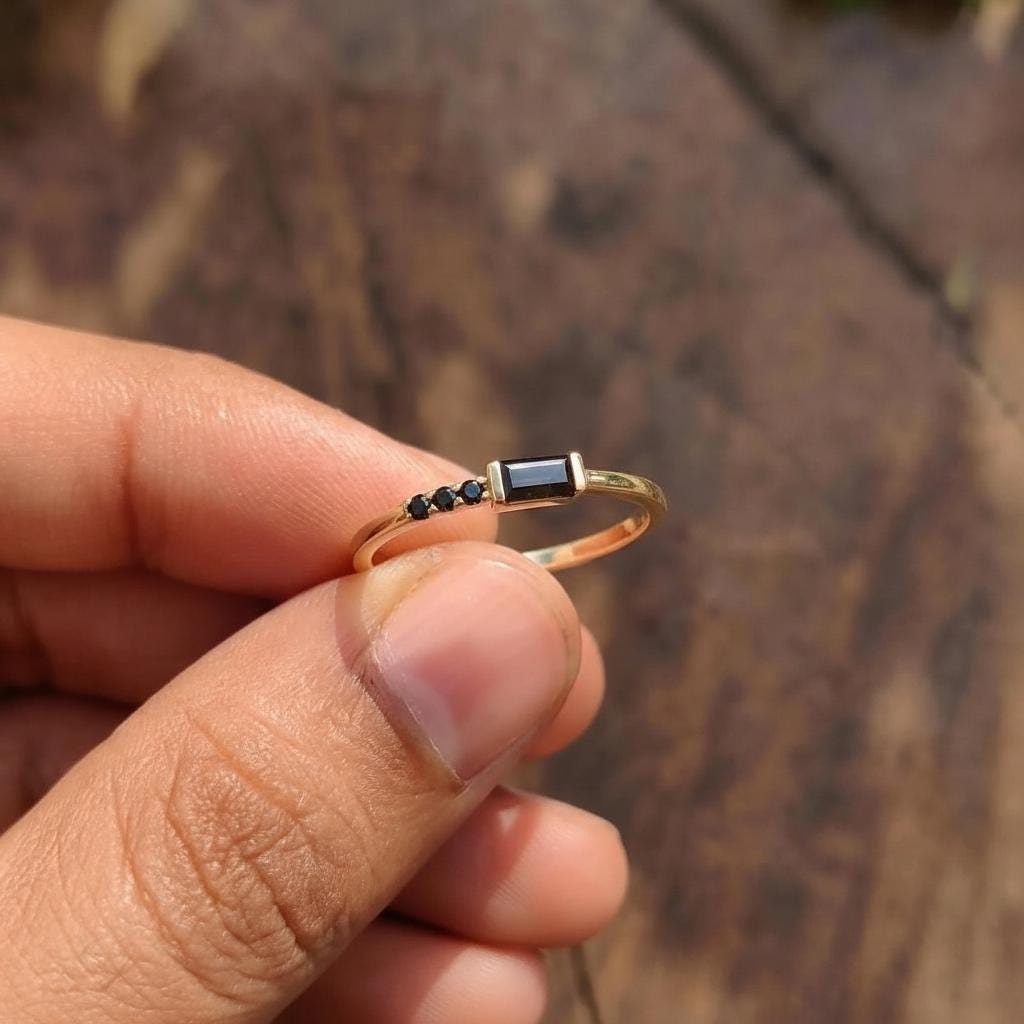 Dainty Baguette Black Diamond Ring, Minimalist Alternative Engagement Ring, Black Gemstone Ring for Her, All Black Diamond Ring