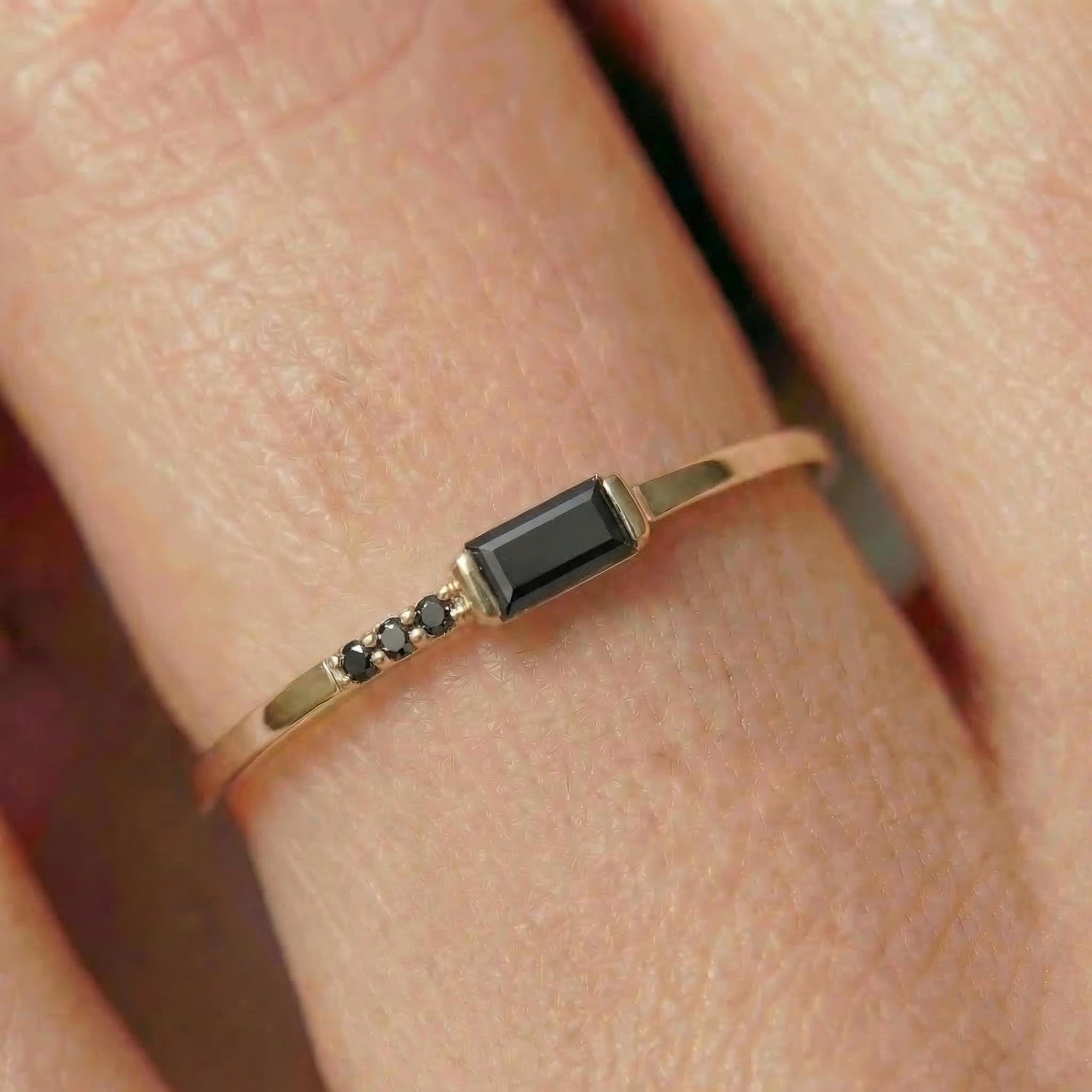 Dainty Baguette Black Diamond Ring, Minimalist Alternative Engagement Ring, Black Gemstone Ring for Her, All Black Diamond Ring