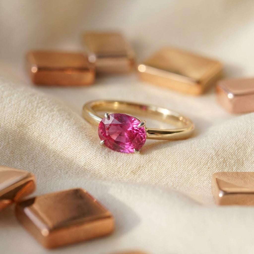 2.0 CT East West Oval Cut Pink Tourmaline Birthstone Ring, Yellow Gold Vermeil Two Tone Ring,October Engagement Ring