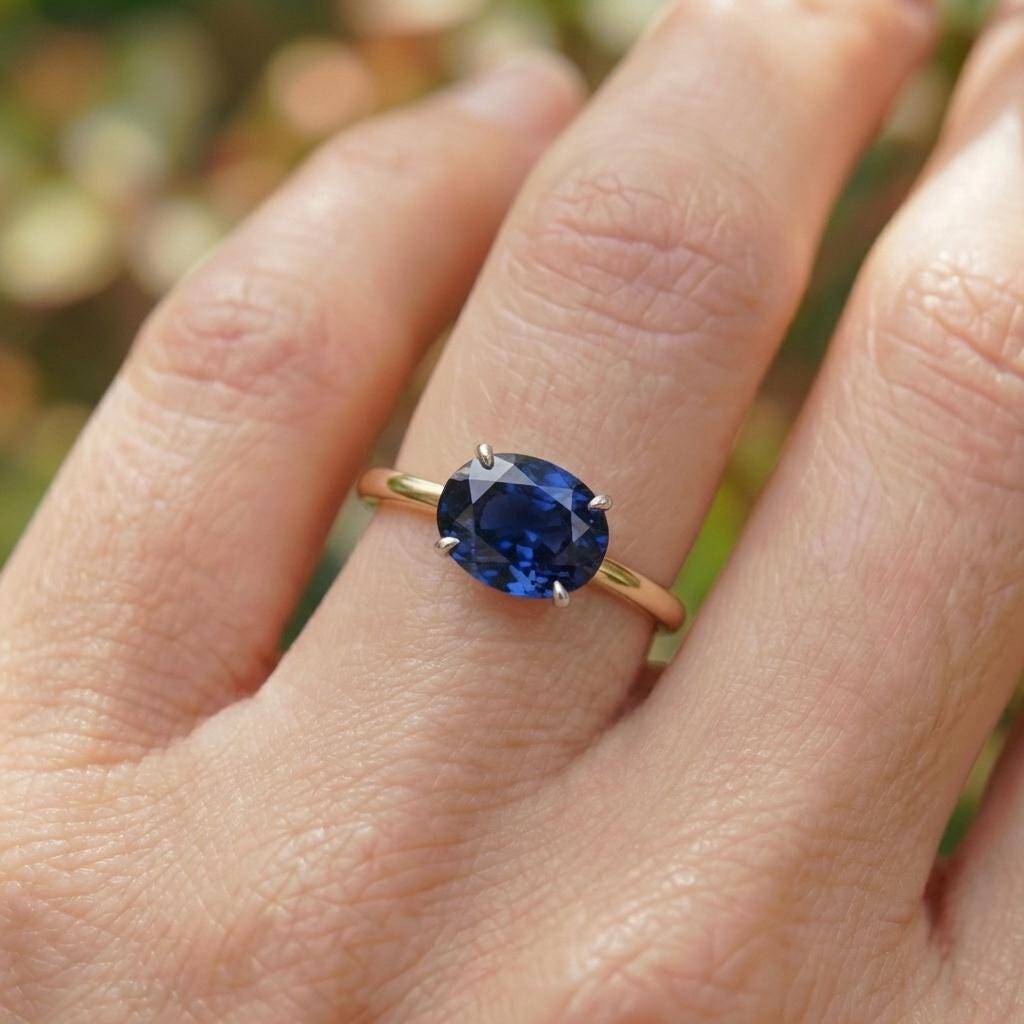 2.0 CT East West Oval Cut Sapphire Birthstone Ring for Mom, Yellow Gold Vermeil Two Tone Ring, Dainty Travel Engagement Ring