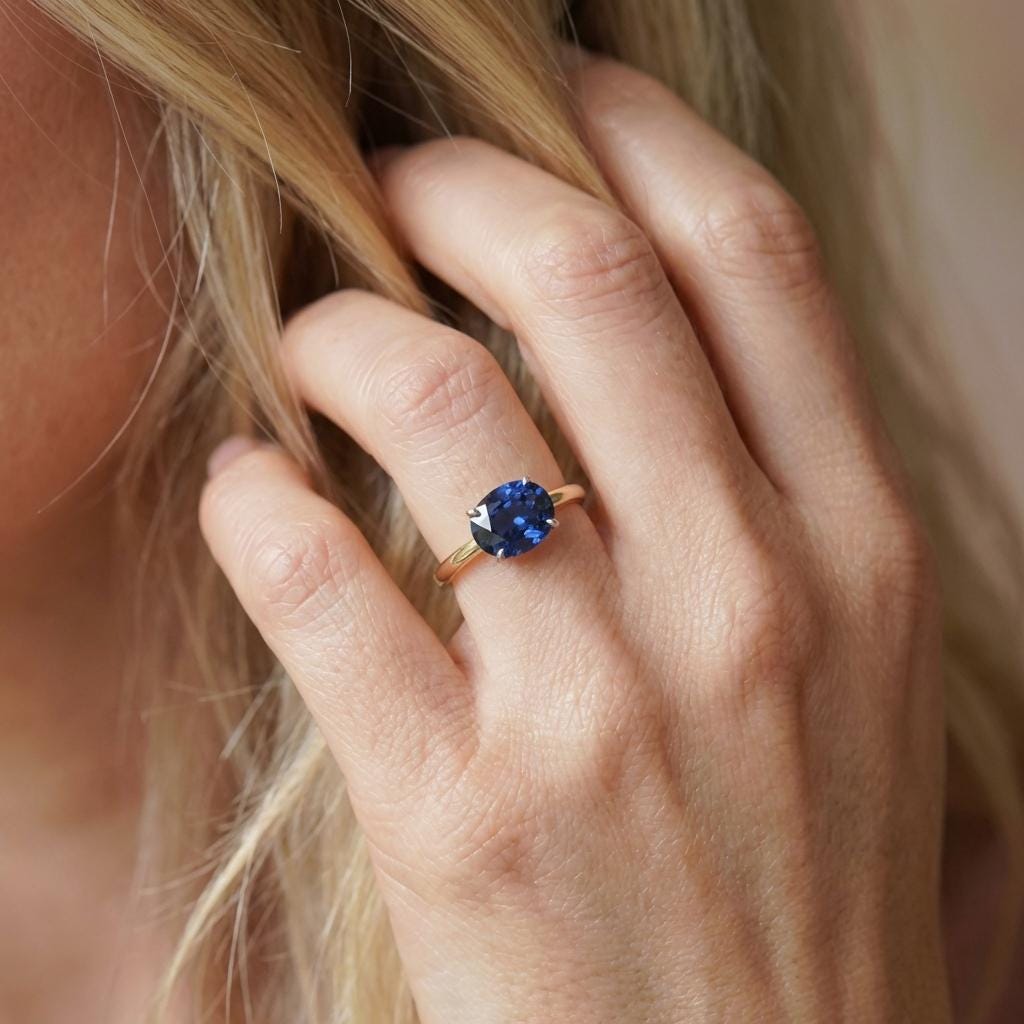 2.0 CT East West Oval Cut Sapphire Birthstone Ring for Mom, Yellow Gold Vermeil Two Tone Ring, Dainty Travel Engagement Ring