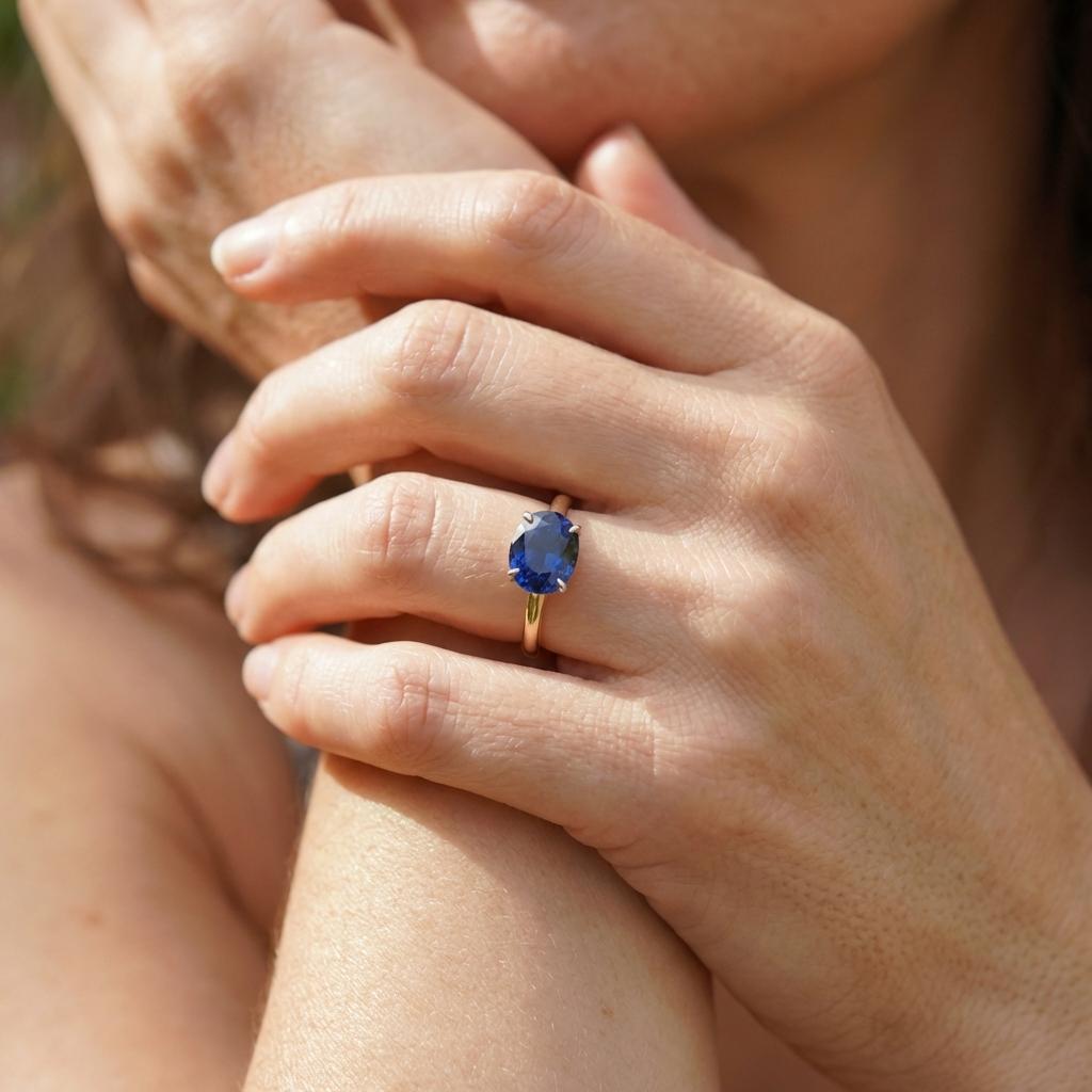 2.0 CT East West Oval Cut Sapphire Birthstone Ring for Mom, Yellow Gold Vermeil Two Tone Ring, Dainty Travel Engagement Ring