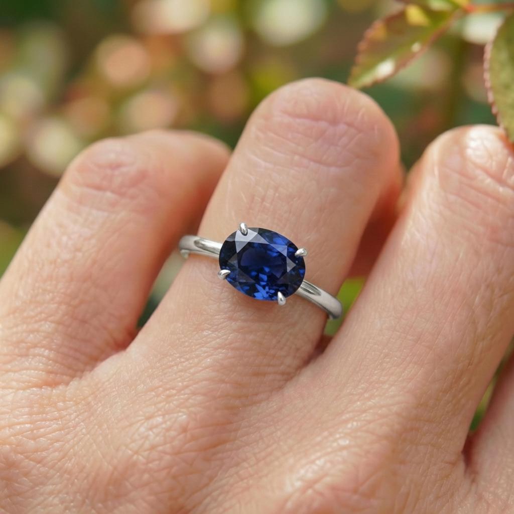 2.0 CT East West Oval Cut Sapphire Birthstone Ring for Mom, Yellow Gold Vermeil Two Tone Ring, Dainty Travel Engagement Ring