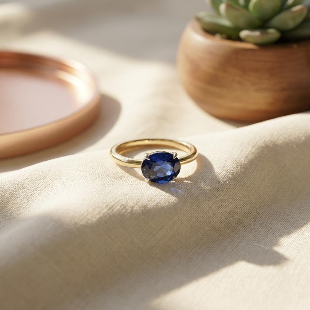 2.0 CT East West Oval Cut Sapphire Birthstone Ring for Mom, Yellow Gold Vermeil Two Tone Ring, Dainty Travel Engagement Ring