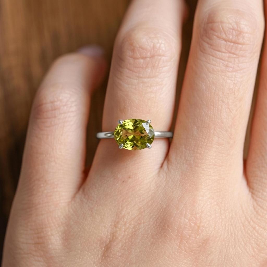 2.0 CT East West Oval Cut Peridot Birthstone Ring For Mom, Yellow Gold Vermeil Two Tone Ring, Dainty Travel Engagement Ring