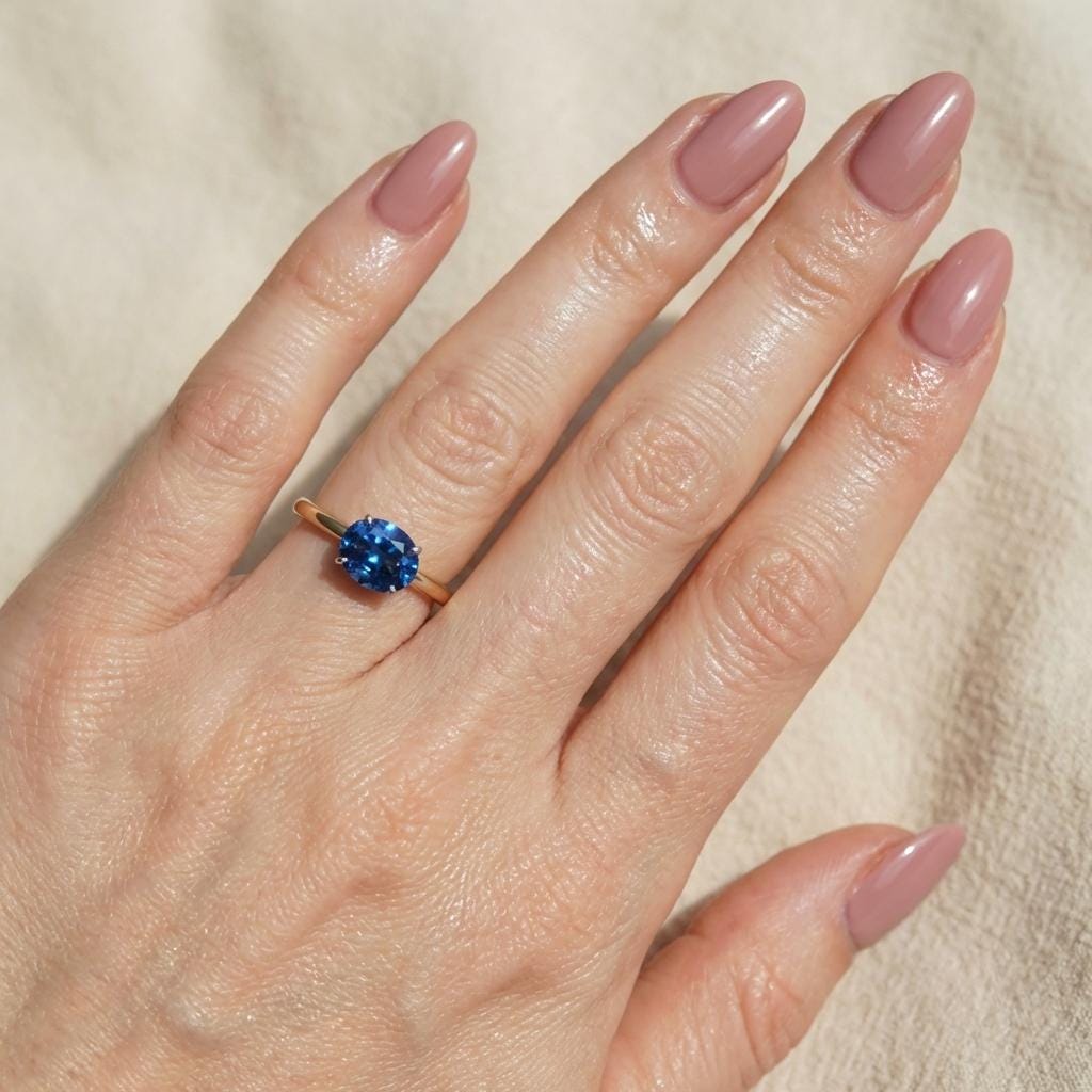 2.0 CT East West Oval Cut Blue Zircon Birthstone Ring, Yellow Gold Vermeil Two Tone Ring, Dainty Travel Engagement Ring