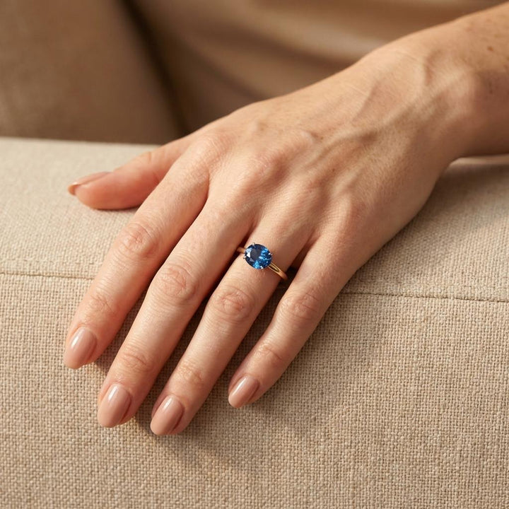 2.0 CT East West Oval Cut Blue Zircon Birthstone Ring, Yellow Gold Vermeil Two Tone Ring, Dainty Travel Engagement Ring
