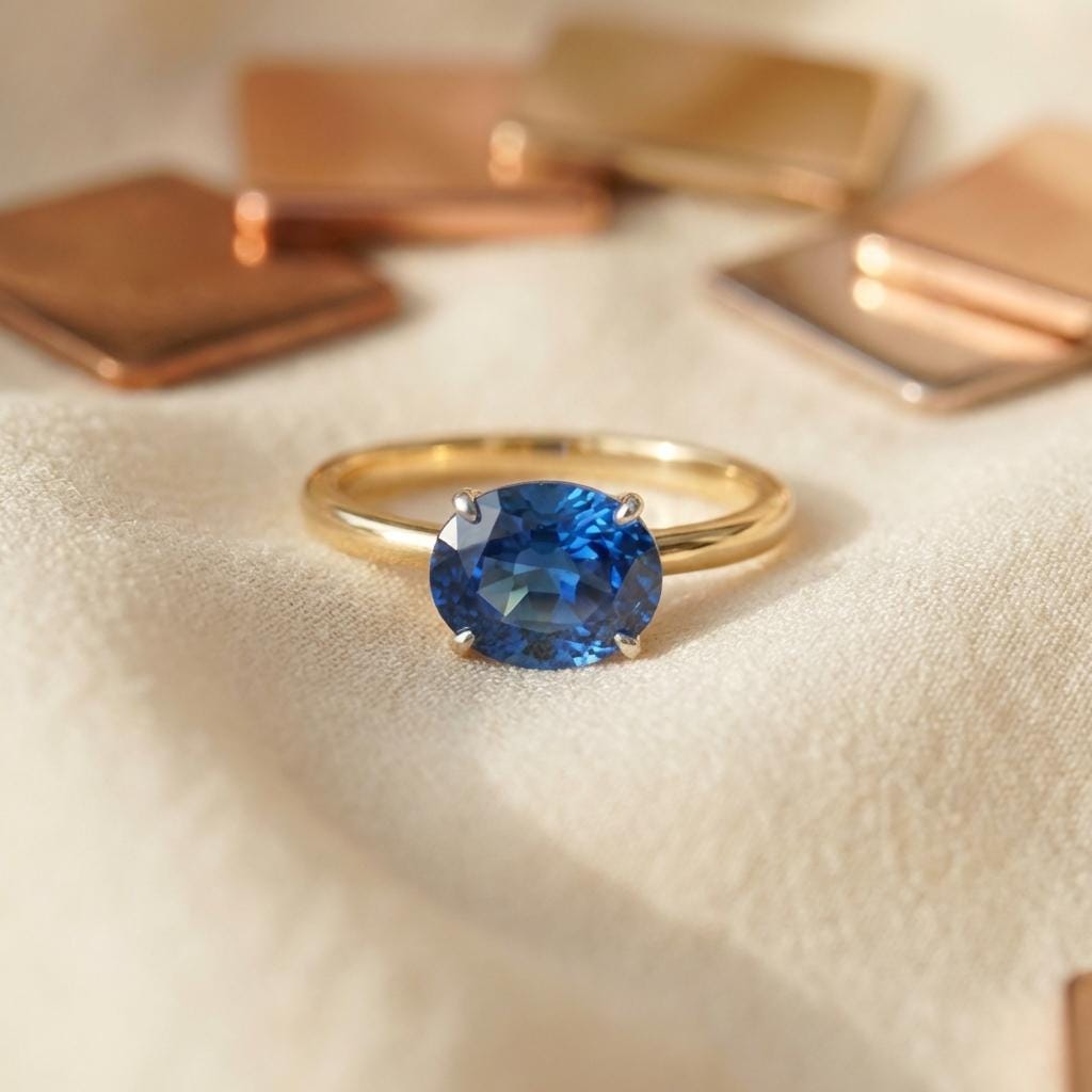2.0 CT East West Oval Cut Blue Zircon Birthstone Ring, Yellow Gold Vermeil Two Tone Ring, Dainty Travel Engagement Ring