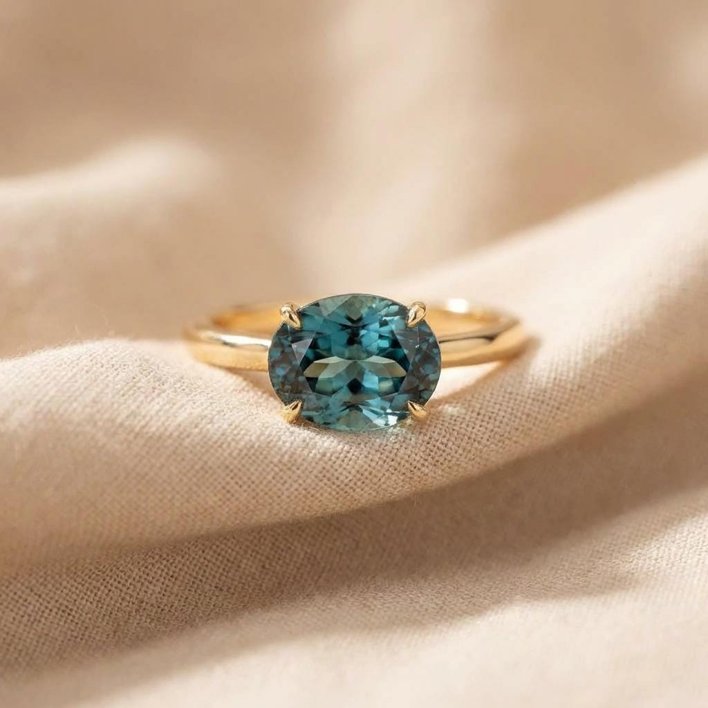 2.0 CT East West Oval Cut Alexandrite Engagement Ring, Yellow Gold Vermeil Ring, Dainty Travel Engagement Ring