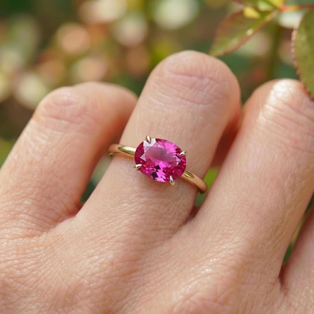 2.0 CT East West Oval Cut Pink Sapphire Birthstone Ring, Yellow Gold Vermeil Two Tone Ring, Dainty Travel Engagement Ring