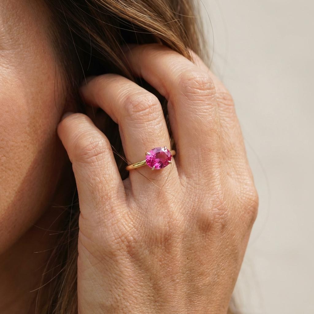 2.0 CT East West Oval Cut Pink Sapphire Birthstone Ring, Yellow Gold Vermeil Two Tone Ring, Dainty Travel Engagement Ring