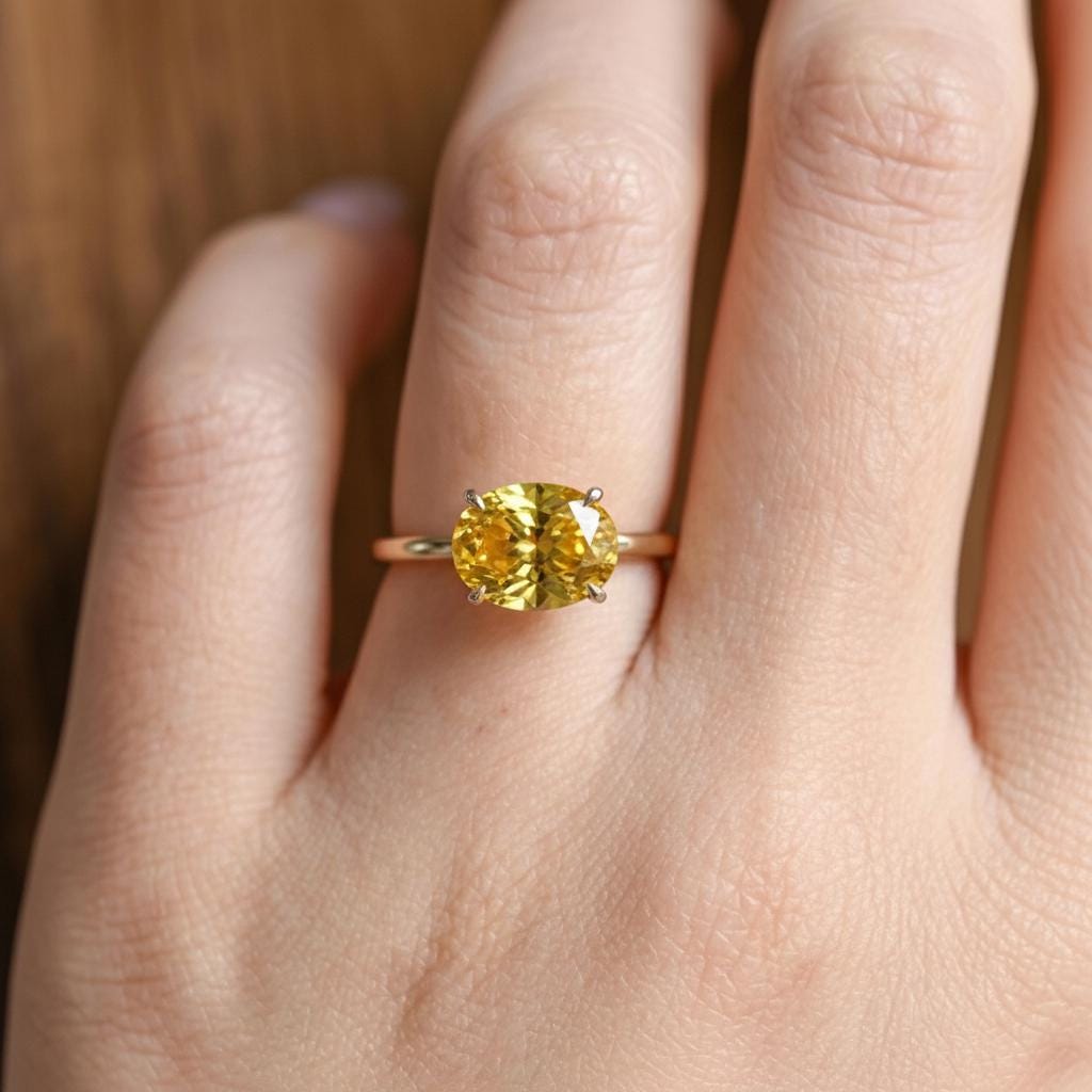 2.0 CT East West Oval Cut Yellow Sapphire Birthstone Ring, Yellow Gold Vermeil Two Tone Ring, Dainty Travel Engagement Ring