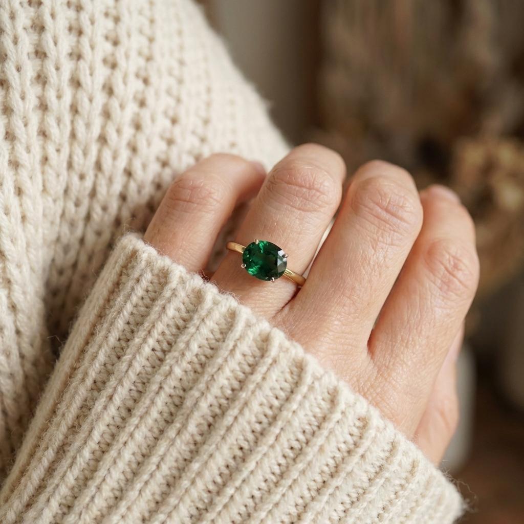 2.0 CT East West Oval Cut Green Sapphire Birthstone Ring, Yellow Gold Vermeil Two Tone Ring, Dainty Travel Engagement Ring