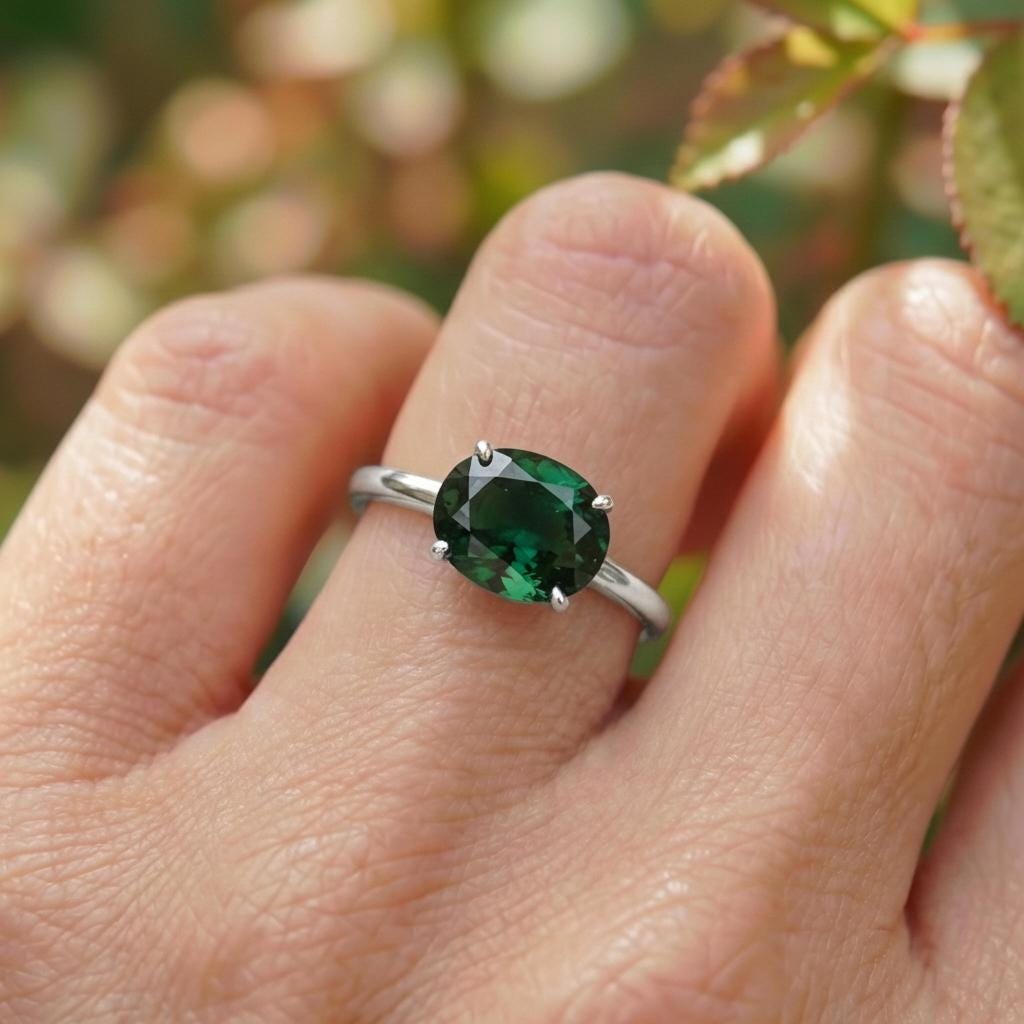2.0 CT East West Oval Cut Green Sapphire Birthstone Ring, Yellow Gold Vermeil Two Tone Ring, Dainty Travel Engagement Ring