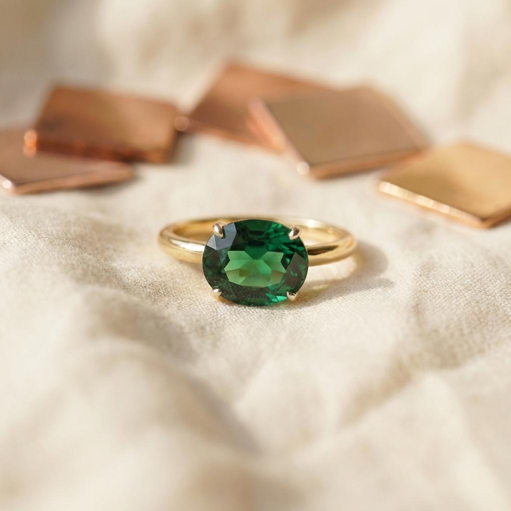 2.0 CT East West Oval Cut Green Sapphire Birthstone Ring, Yellow Gold Vermeil Two Tone Ring, Dainty Travel Engagement Ring