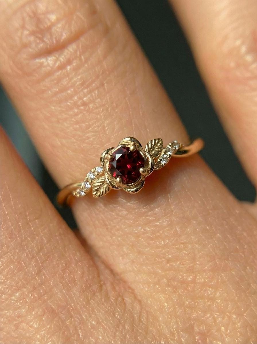 Flower Garnet Engagement Ring, Floral Twist Promise Ring for Women, Nature Inspired Leaf Wedding Ring, January Birthstone