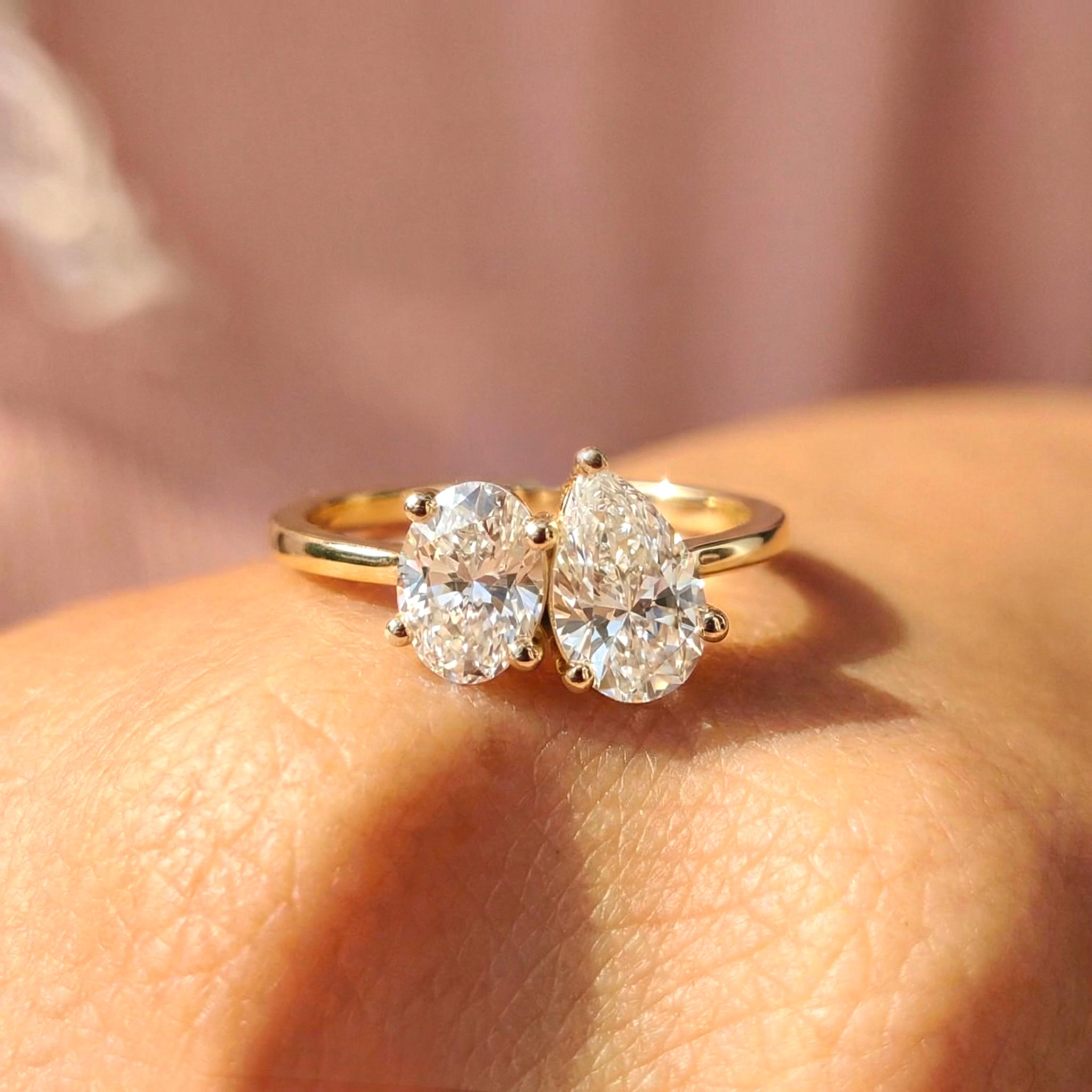 1.5ct Lab Grown Diamond Toi et Moi Ring, 14K Gold Pear & Oval Cut Engagement Ring, Two Stone Diamond Wedding Ring, Unique Bridal Jewelry