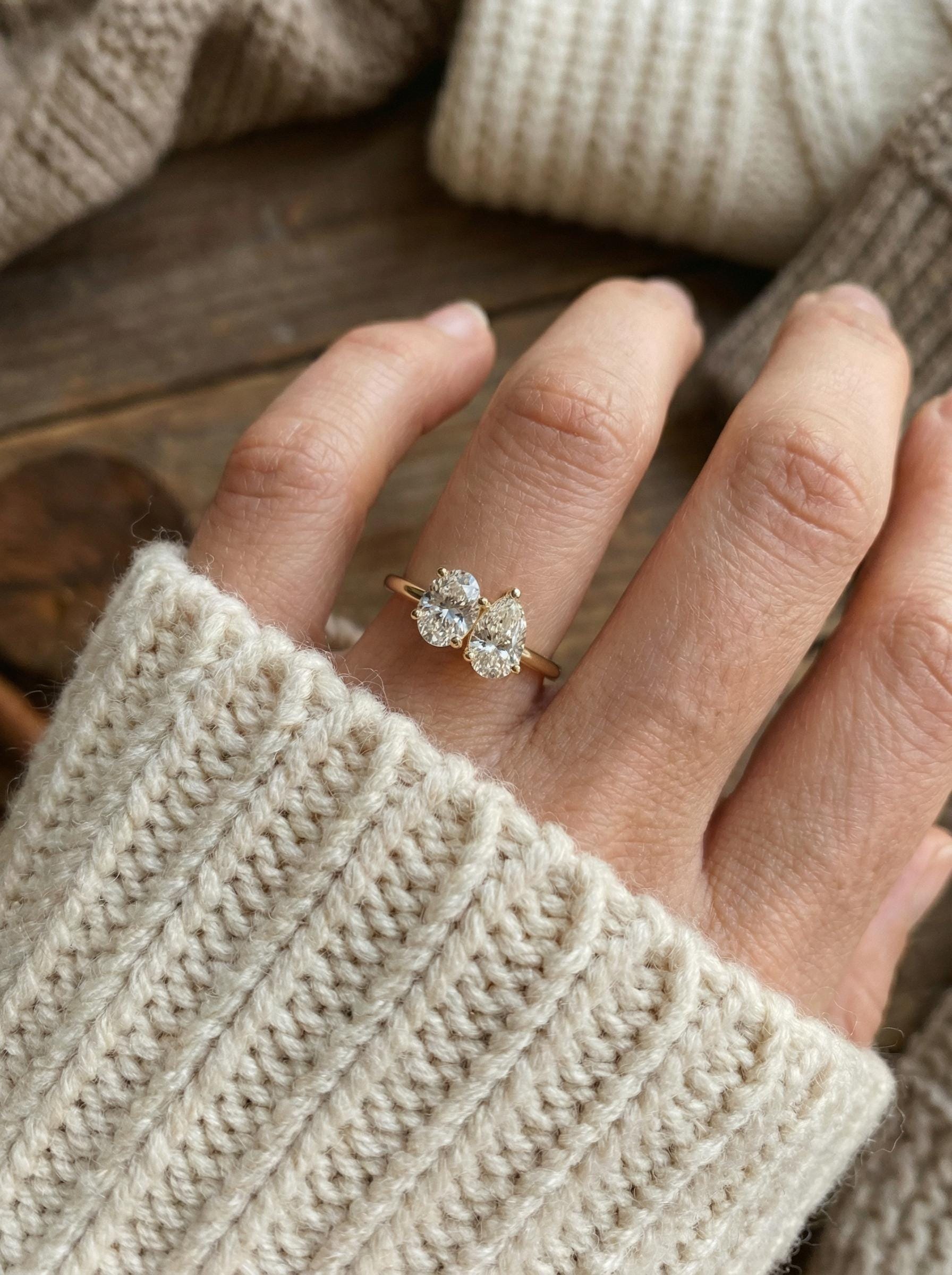 1.5ct Lab Grown Diamond Toi et Moi Ring, 14K Gold Pear & Oval Cut Engagement Ring, Two Stone Diamond Wedding Ring, Unique Bridal Jewelry