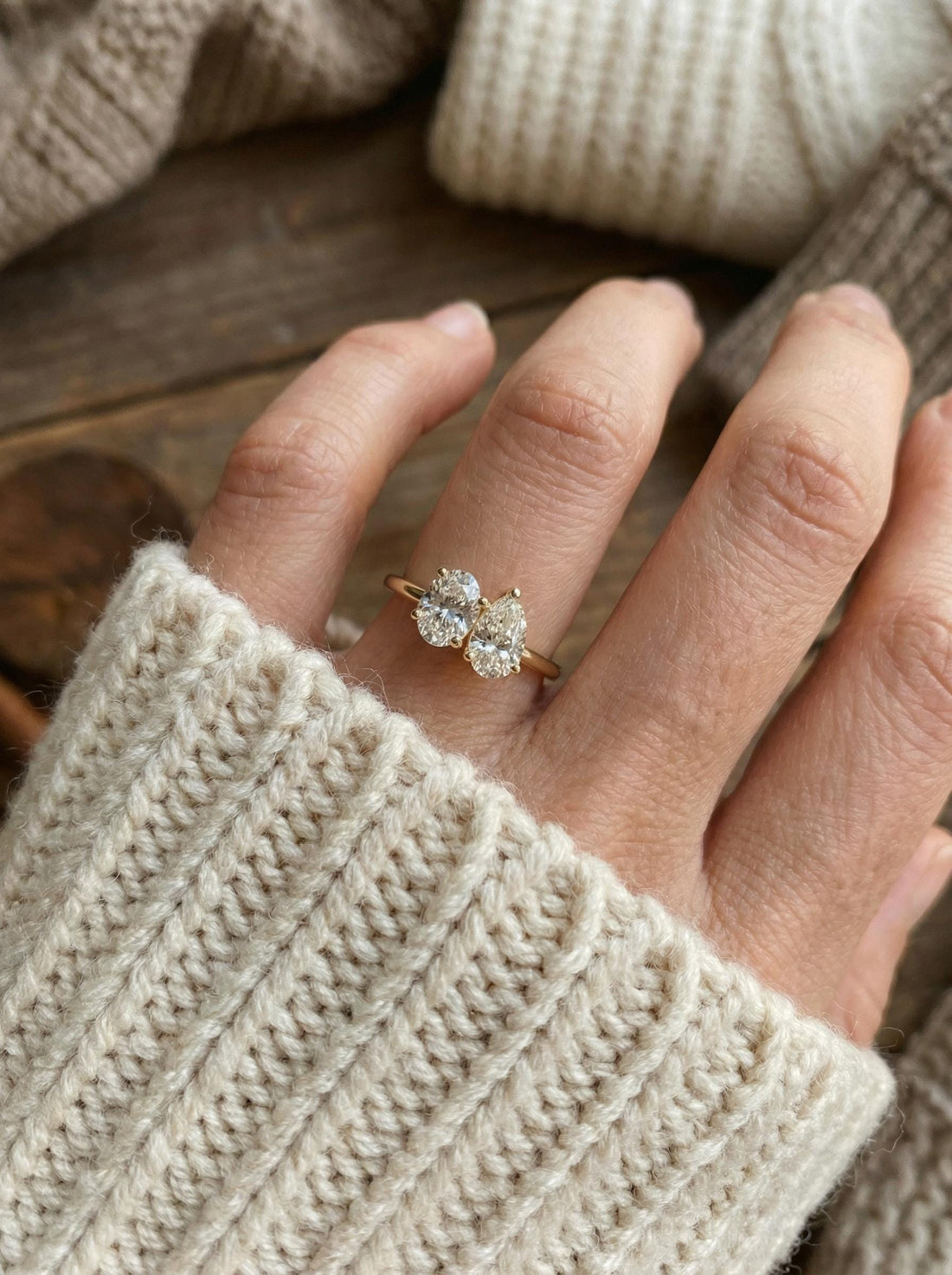 1.5ct Lab Grown Diamond Toi et Moi Ring, 14K Gold Pear & Oval Cut Engagement Ring, Two Stone Diamond Wedding Ring, Unique Bridal Jewelry