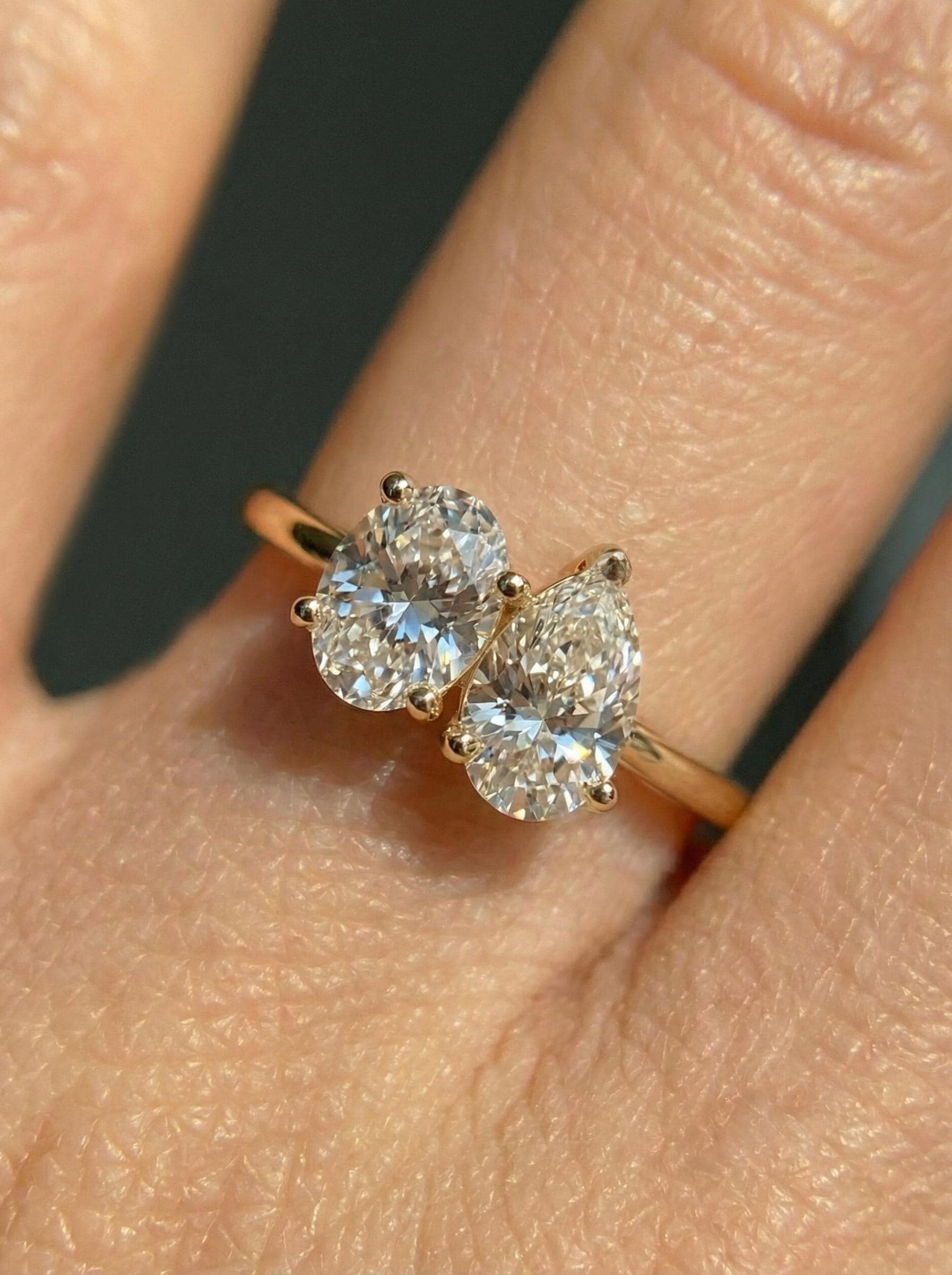 1.5ct Lab Grown Diamond Toi et Moi Ring, 14K Gold Pear & Oval Cut Engagement Ring, Two Stone Diamond Wedding Ring, Unique Bridal Jewelry