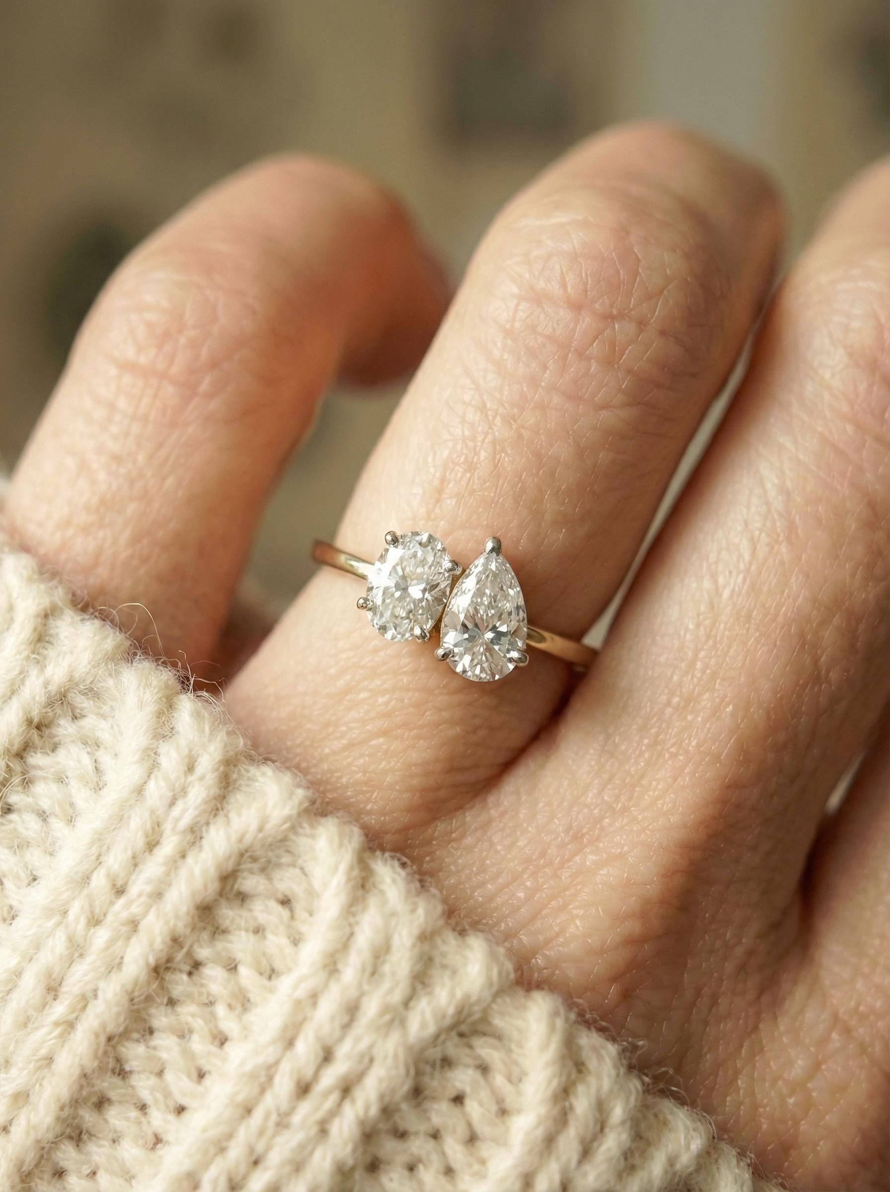 1.5ct Lab Grown Diamond Toi et Moi Ring, 14K Gold Pear & Oval Cut Engagement Ring, Two Stone Diamond Wedding Ring, Unique Bridal Jewelry