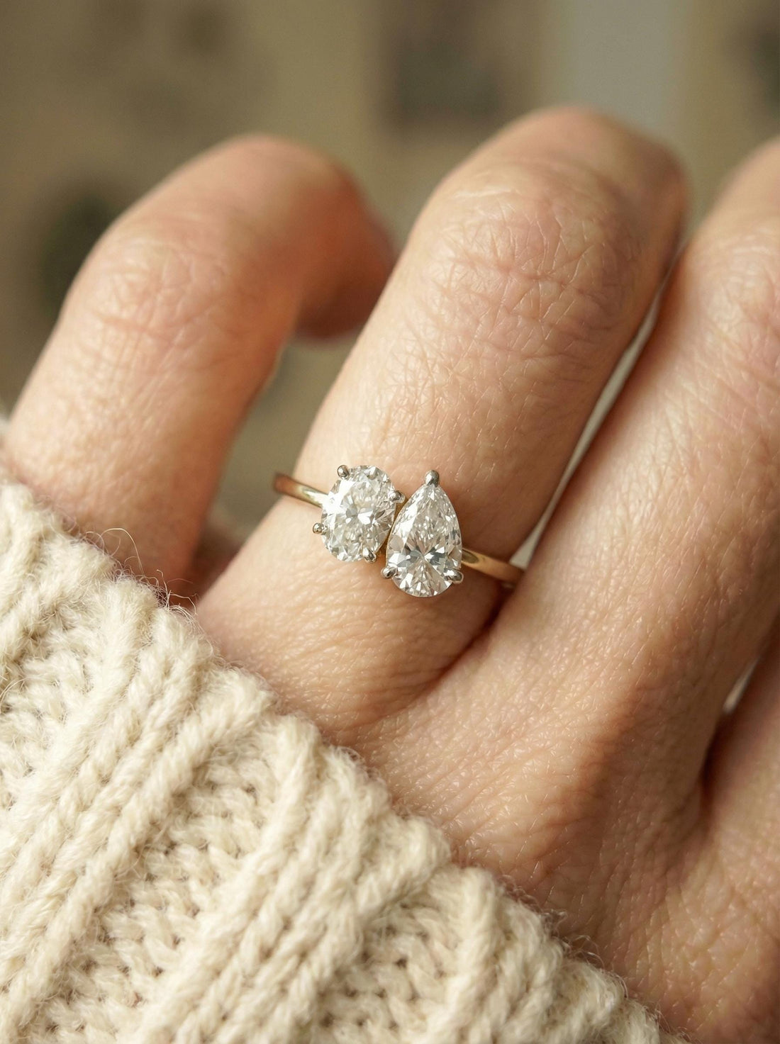 1.5ct Lab Grown Diamond Toi et Moi Ring, 14K Gold Pear & Oval Cut Engagement Ring, Two Stone Diamond Wedding Ring, Unique Bridal Jewelry