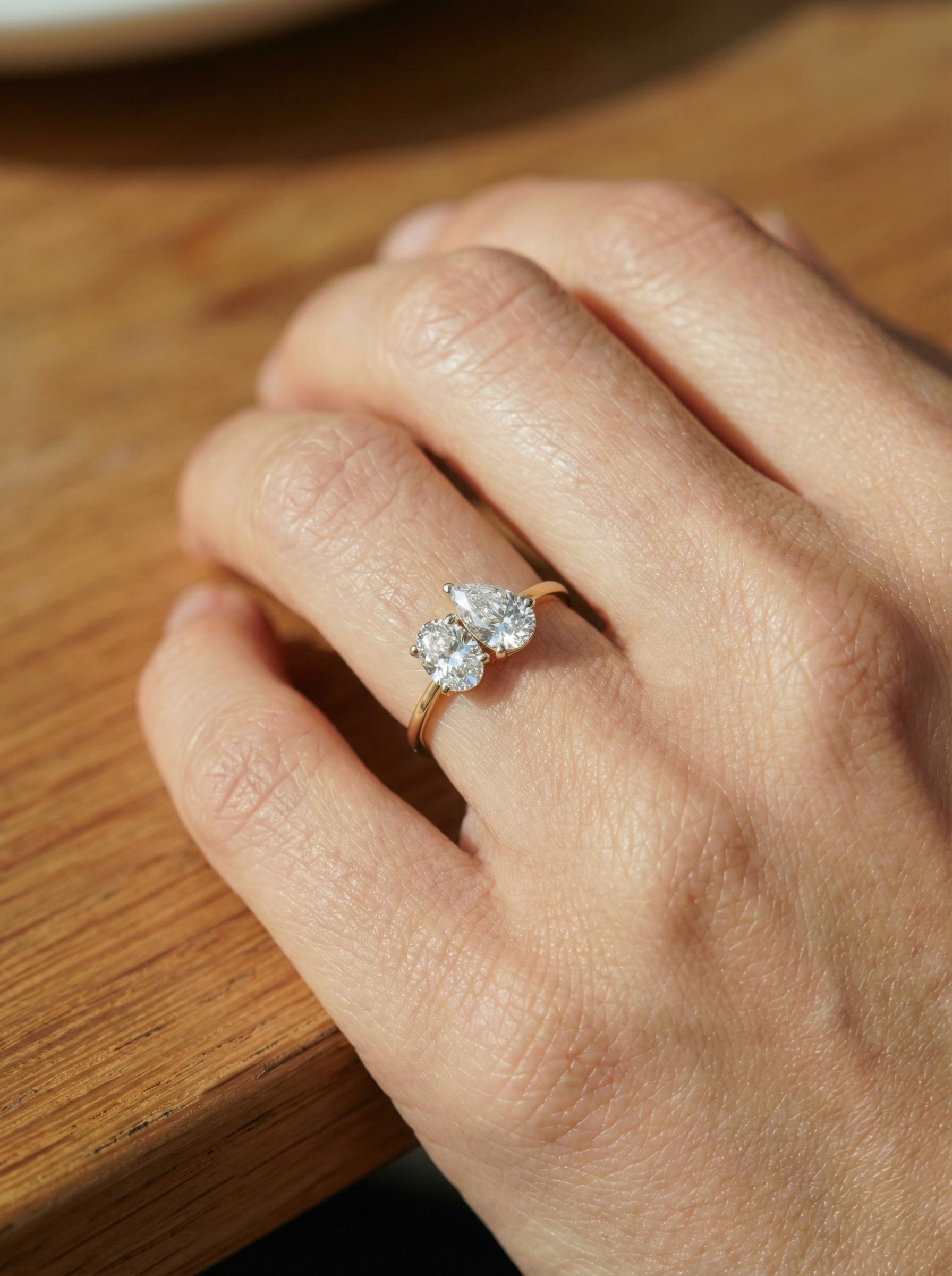 1.5ct Lab Grown Diamond Toi et Moi Ring, 14K Gold Pear & Oval Cut Engagement Ring, Two Stone Diamond Wedding Ring, Unique Bridal Jewelry