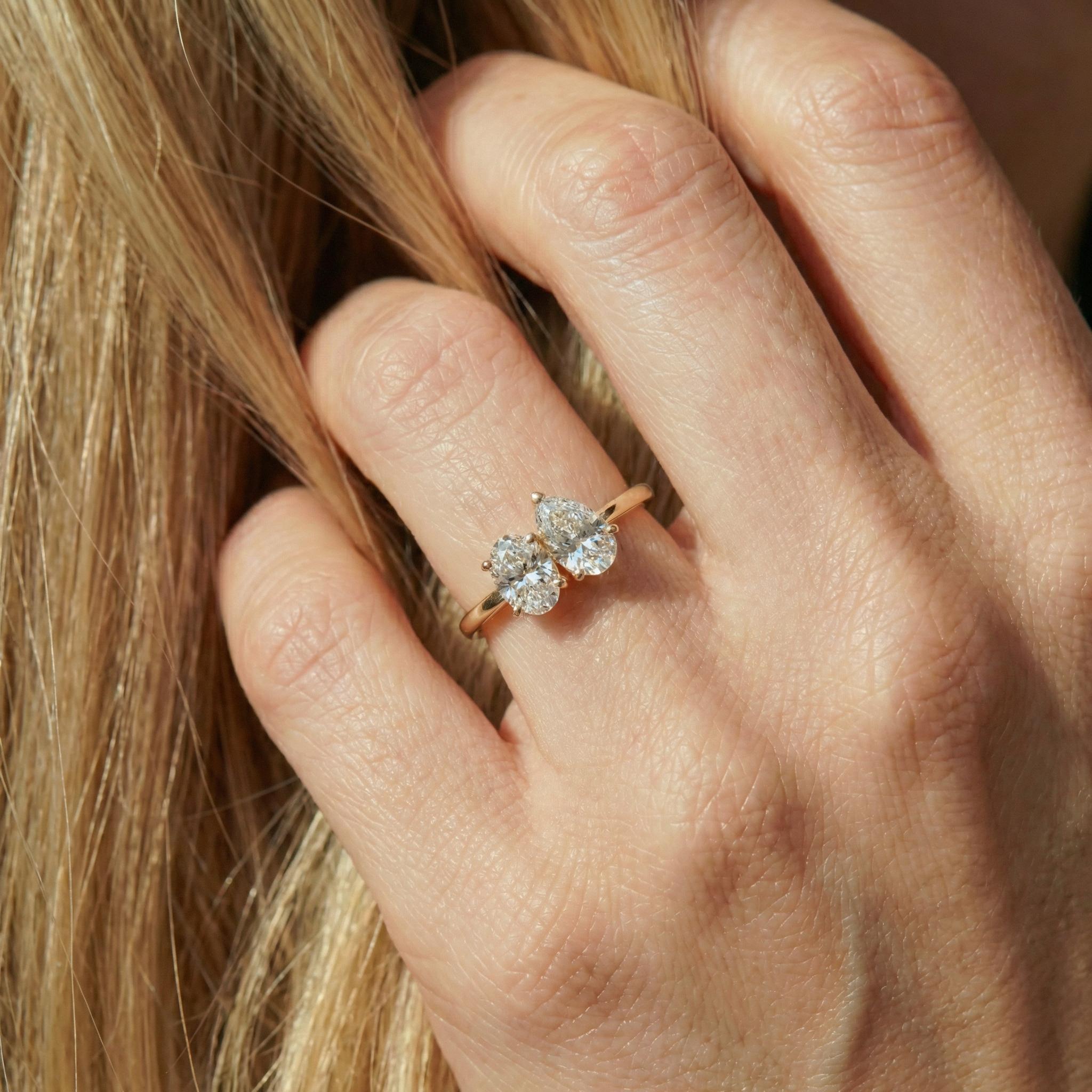 1.5ct Lab Grown Diamond Toi et Moi Ring, 14K Gold Pear & Oval Cut Engagement Ring, Two Stone Diamond Wedding Ring, Unique Bridal Jewelry
