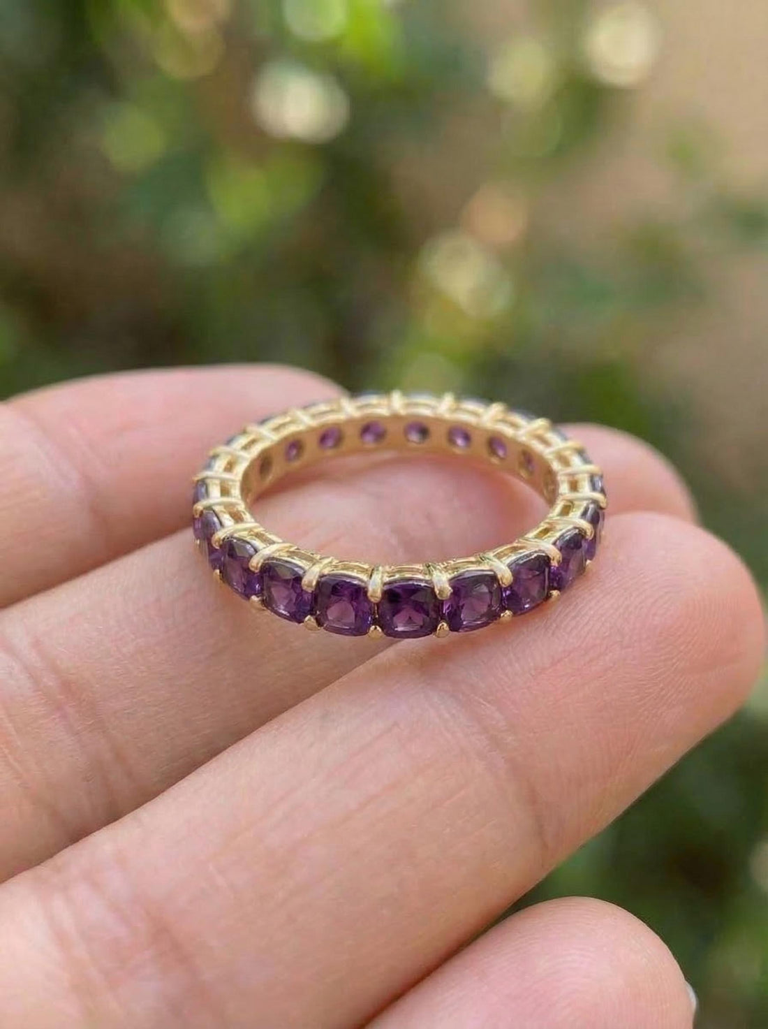Cushion Cut Amethyst Wedding Band, Full Eternity Stacking Ring for Women, 18K Gold Matching Ring, February Birthstone Gift