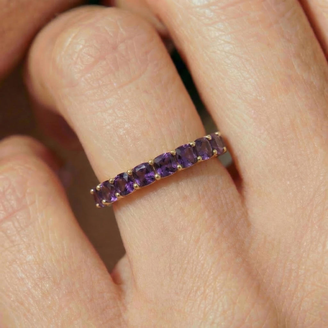 Cushion Cut Amethyst Wedding Band, Full Eternity Stacking Ring for Women, 18K Gold Matching Ring, February Birthstone Gift