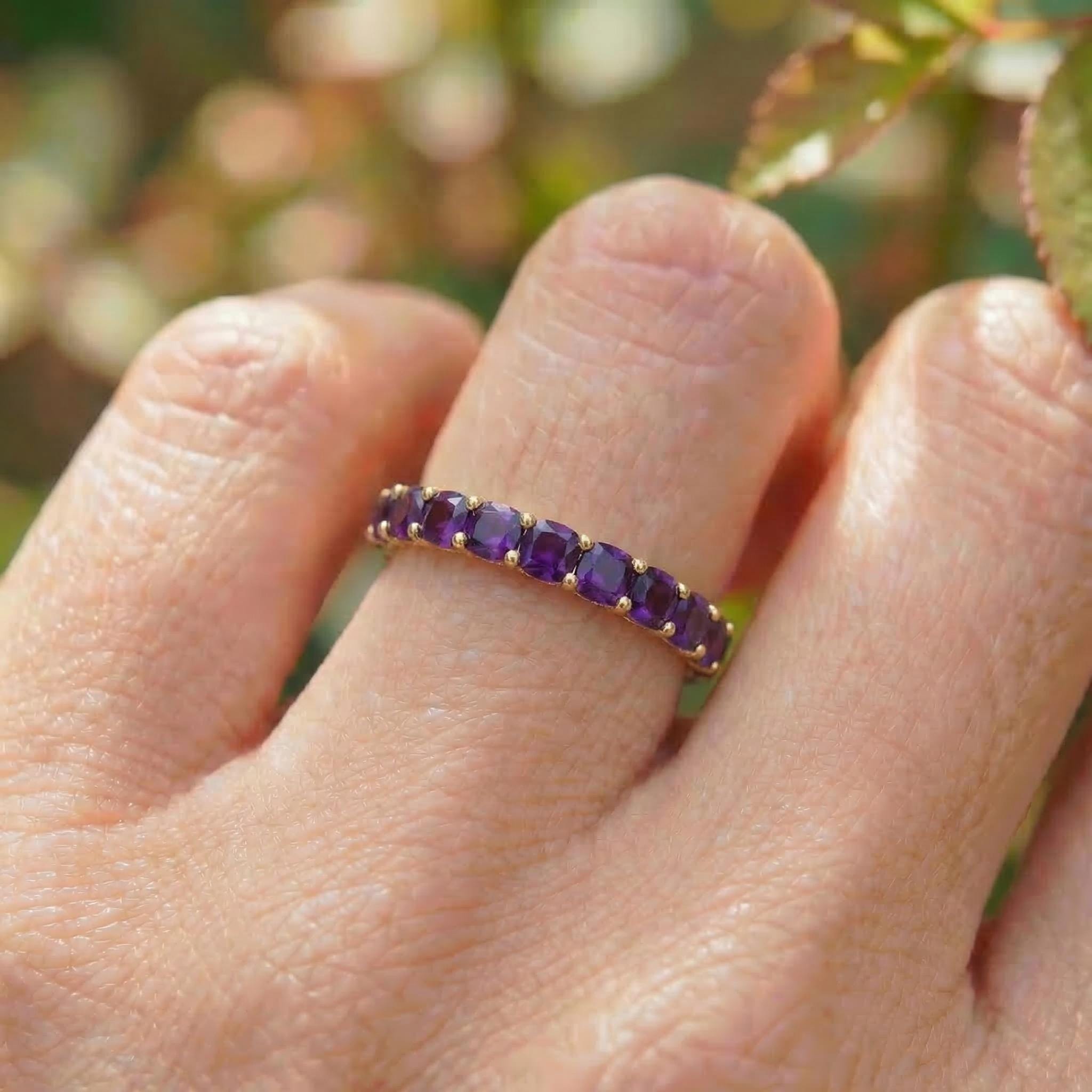Cushion Cut Amethyst Wedding Band, Full Eternity Stacking Ring for Women, 18K Gold Matching Ring, February Birthstone Gift