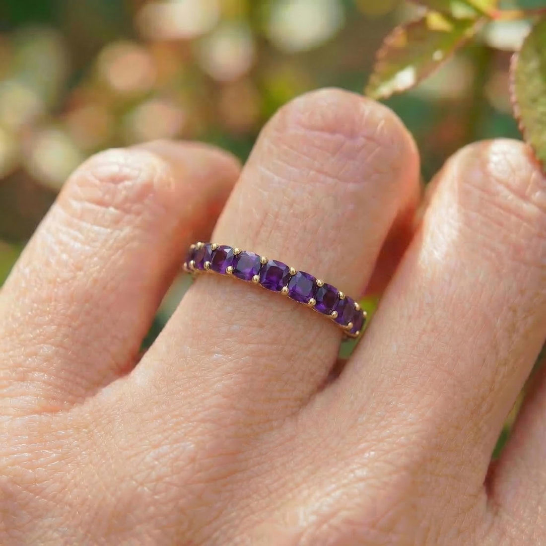 Cushion Cut Amethyst Wedding Band, Full Eternity Stacking Ring for Women, 18K Gold Matching Ring, February Birthstone Gift