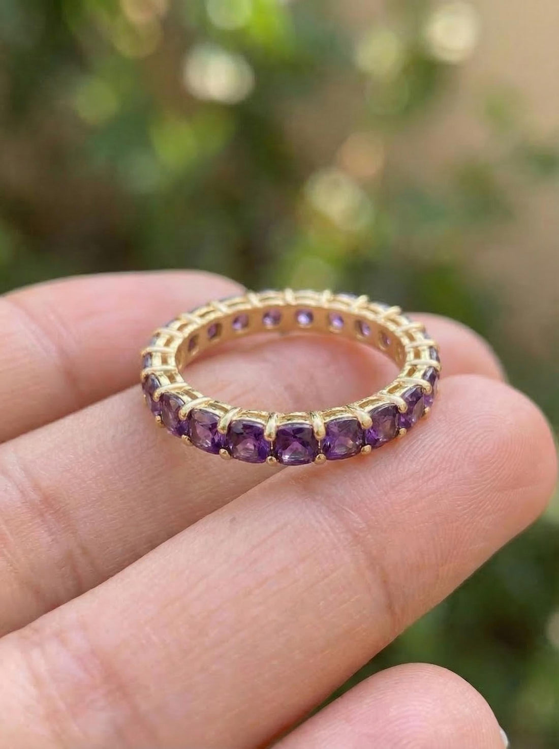 Cushion Cut Amethyst Wedding Band, Full Eternity Stacking Ring for Women, 18K Gold Matching Ring, February Birthstone Gift