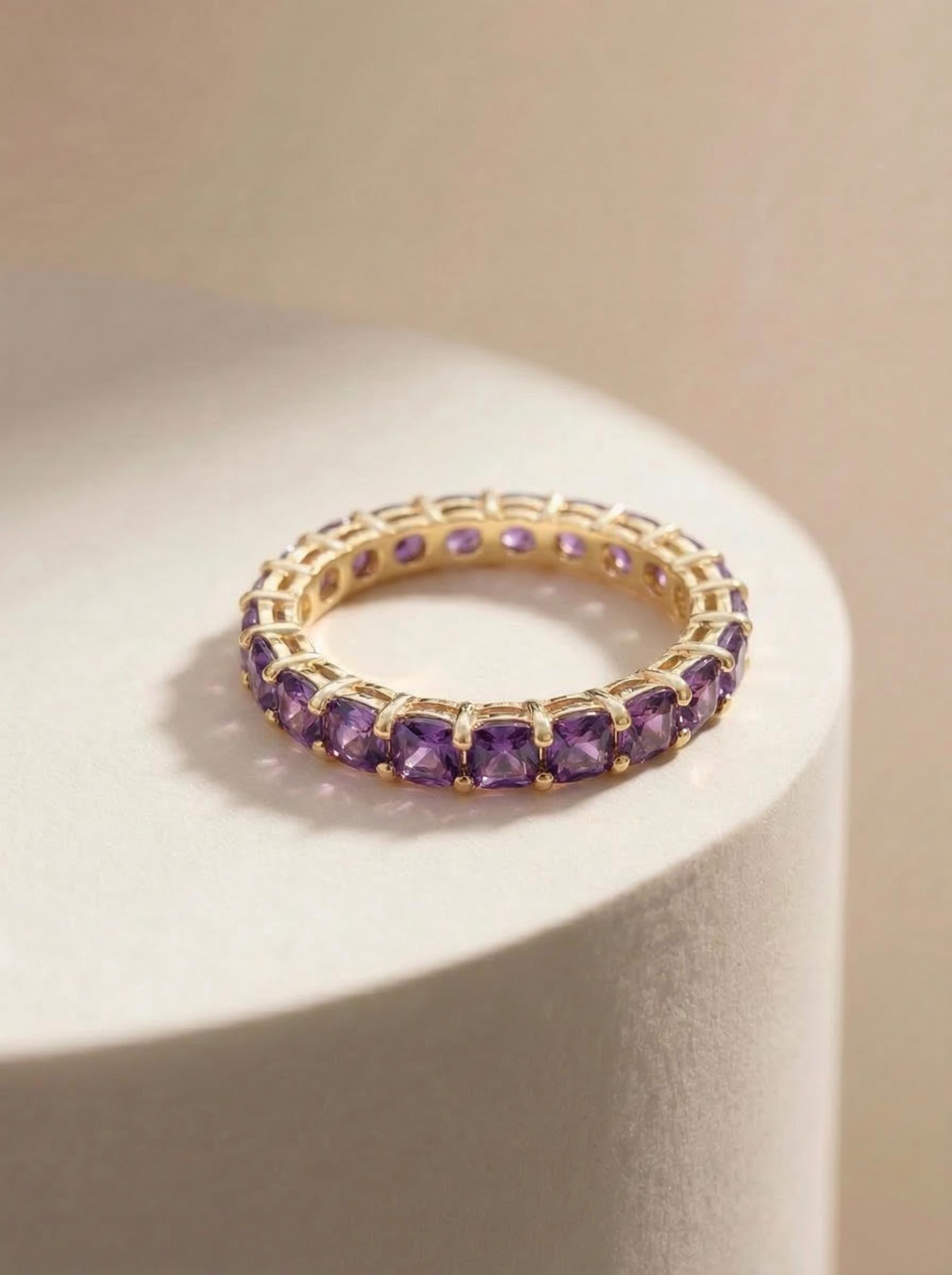 Cushion Cut Amethyst Wedding Band, Full Eternity Stacking Ring for Women, 18K Gold Matching Ring, February Birthstone Gift
