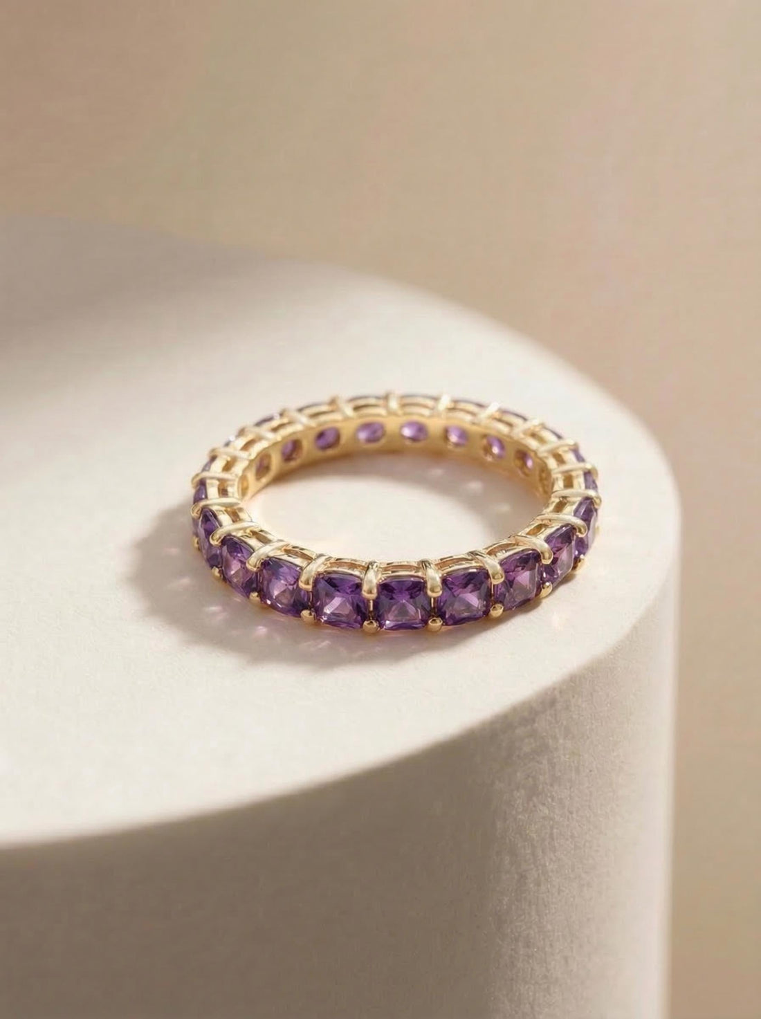 Cushion Cut Amethyst Wedding Band, Full Eternity Stacking Ring for Women, 18K Gold Matching Ring, February Birthstone Gift