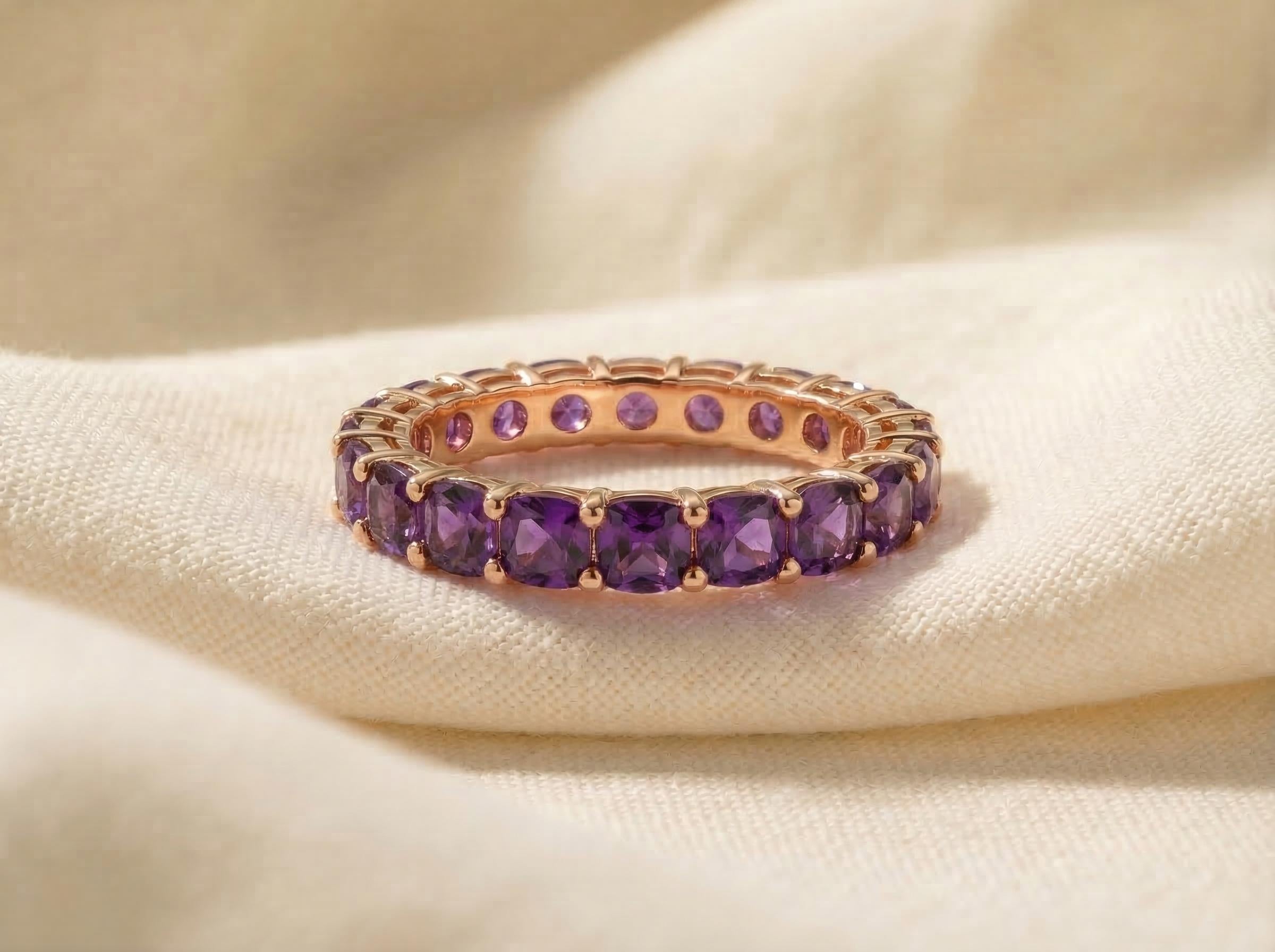 Cushion Cut Amethyst Wedding Band, Full Eternity Stacking Ring for Women, 18K Gold Matching Ring, February Birthstone Gift