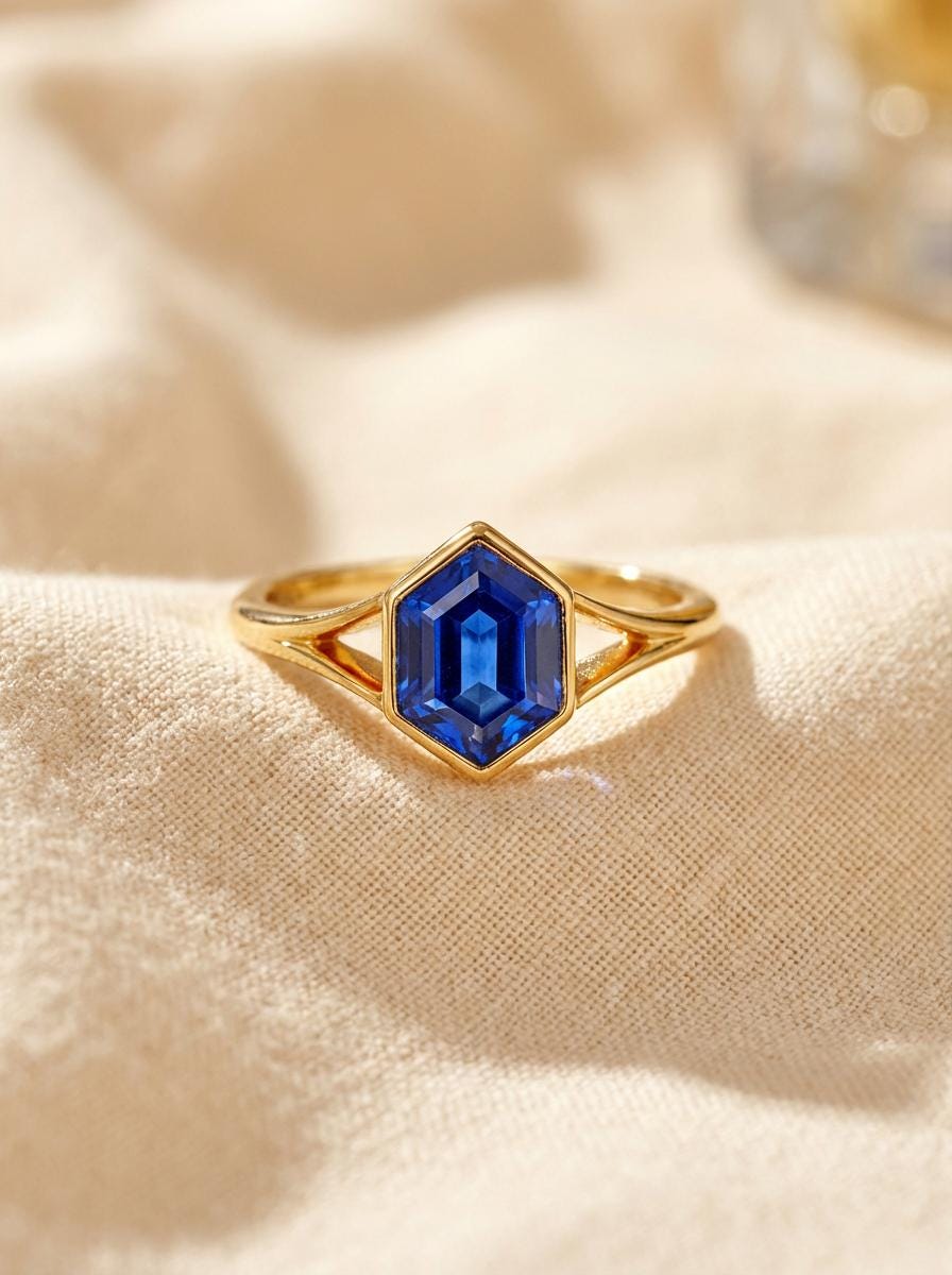 Vintage Bezel Setting Blue Sapphire Ring, Hexagon Cut September Birthstone Engagement Ring, 14K Solid Gold Anniversary Gift