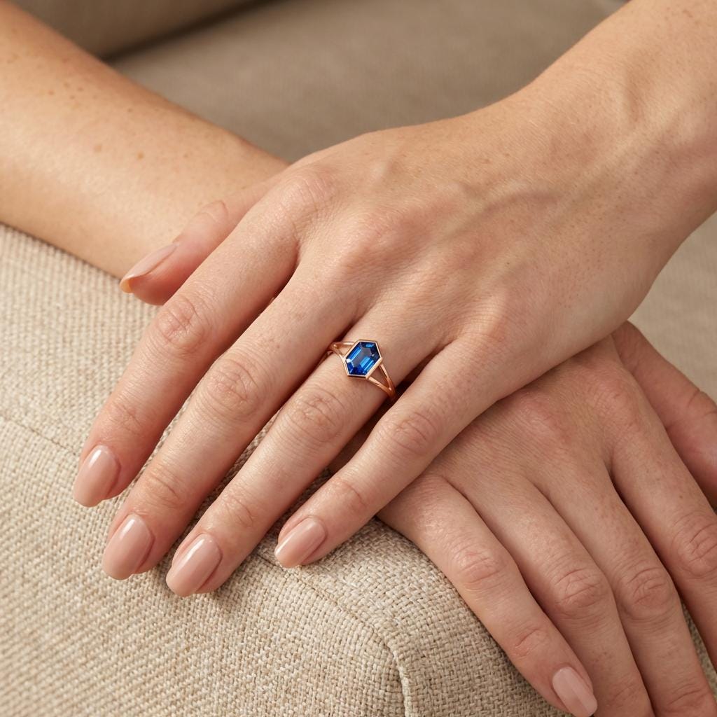 Vintage Bezel Setting Blue Sapphire Ring, Hexagon Cut September Birthstone Engagement Ring, 14K Solid Gold Anniversary Gift