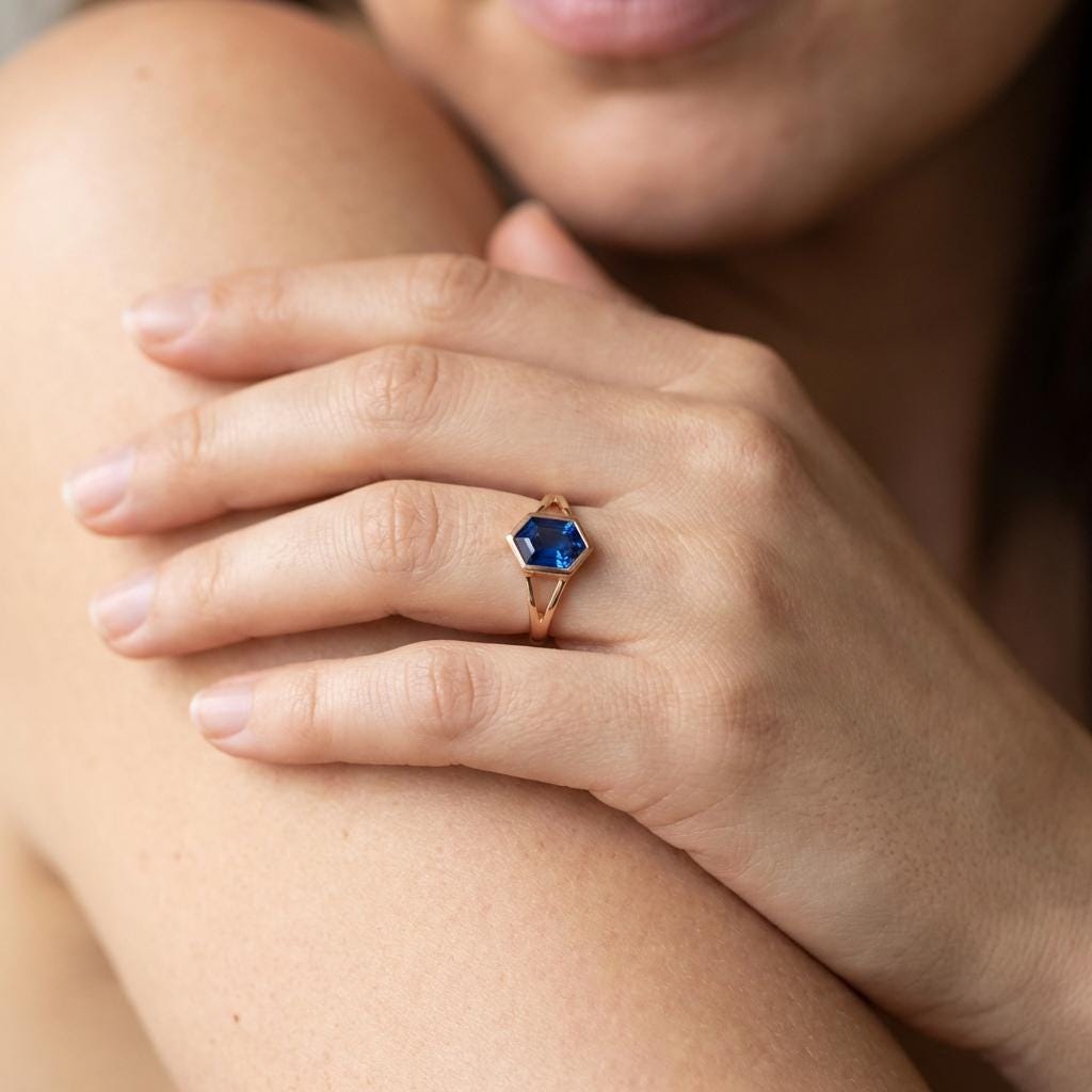 Vintage Bezel Setting Blue Sapphire Ring, Hexagon Cut September Birthstone Engagement Ring, 14K Solid Gold Anniversary Gift