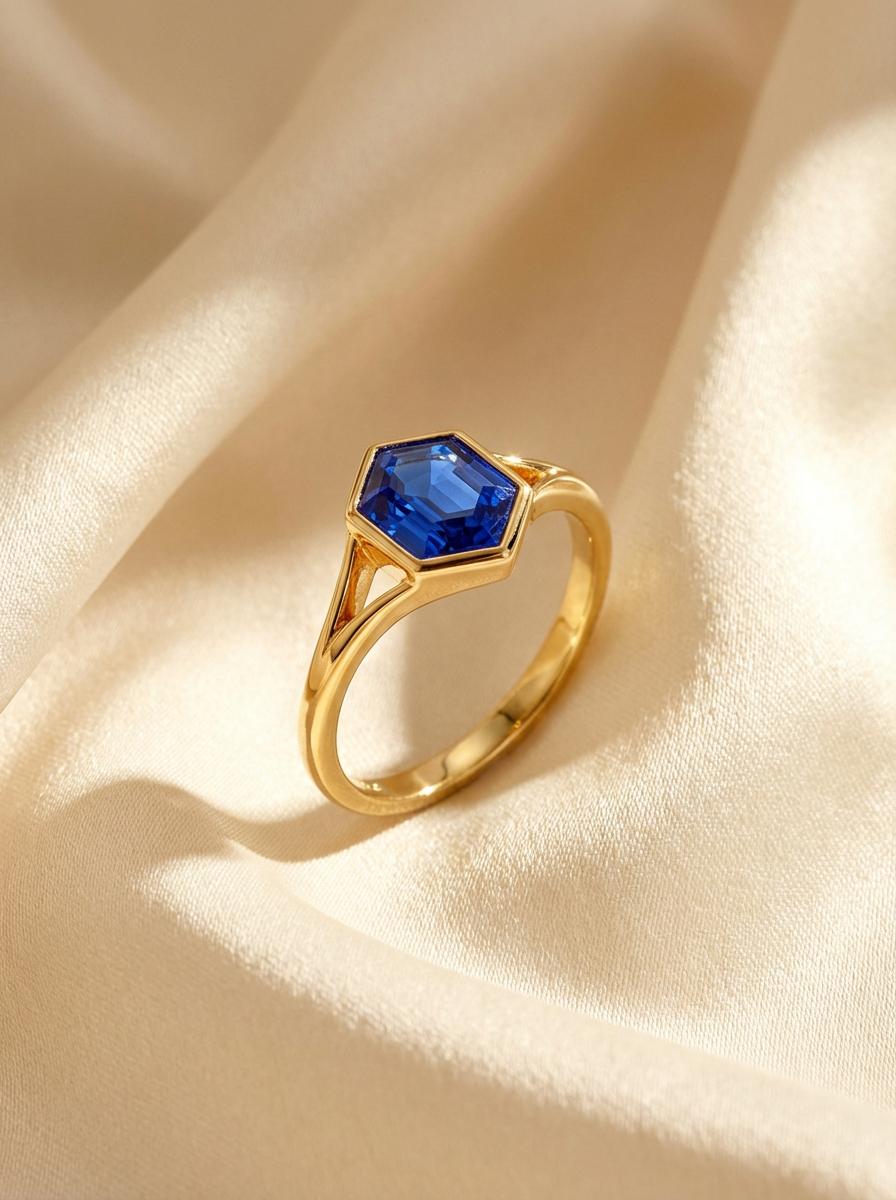 Vintage Bezel Setting Blue Sapphire Ring, Hexagon Cut September Birthstone Engagement Ring, 14K Solid Gold Anniversary Gift