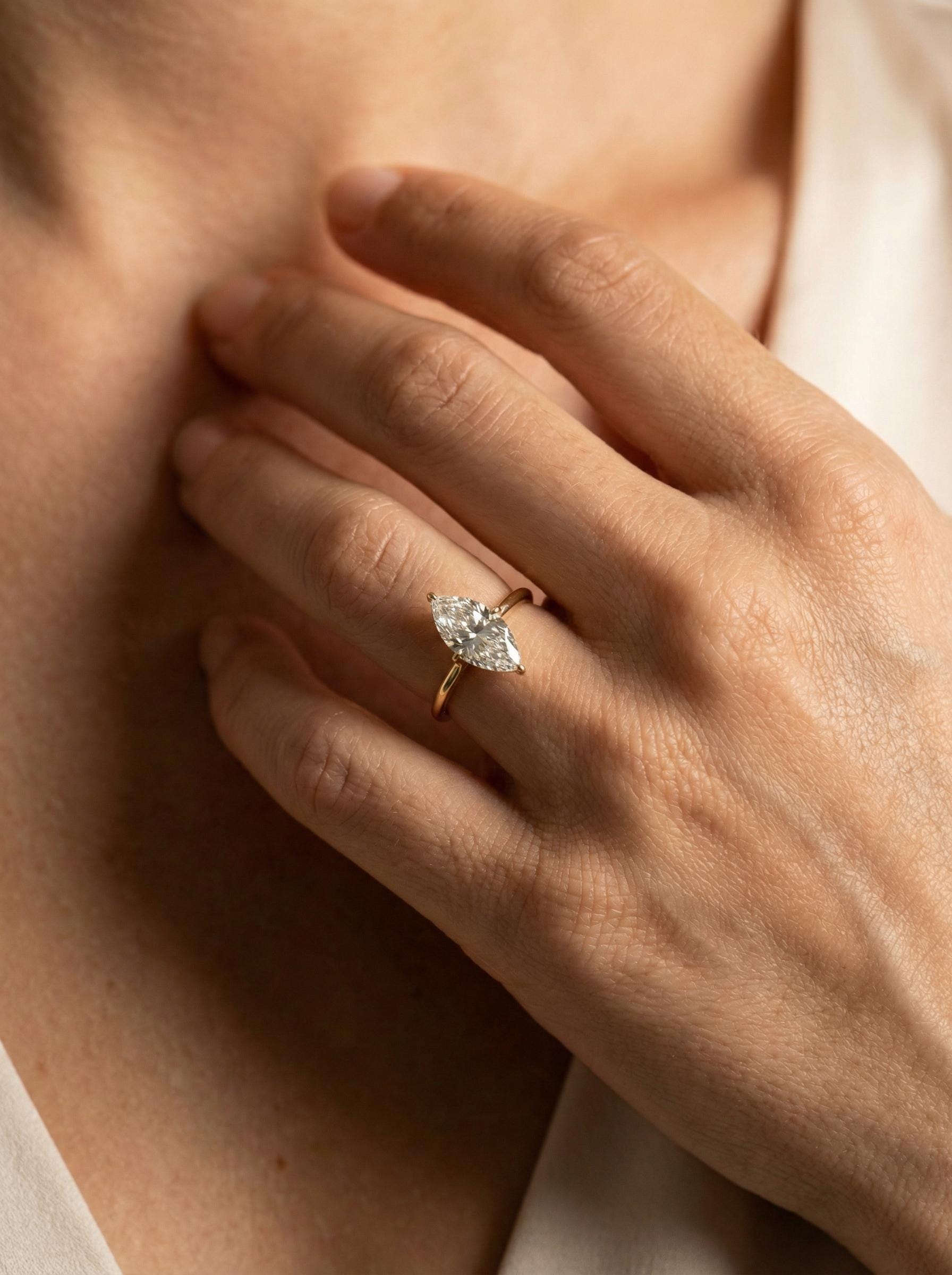 1.0ct - 2.0ct Marquise Cut Moissanite Ring, Knife Edge Solitaire Engagement Ring, 14K Gold Brilliant Solo Ring, April Birthstone Gift
