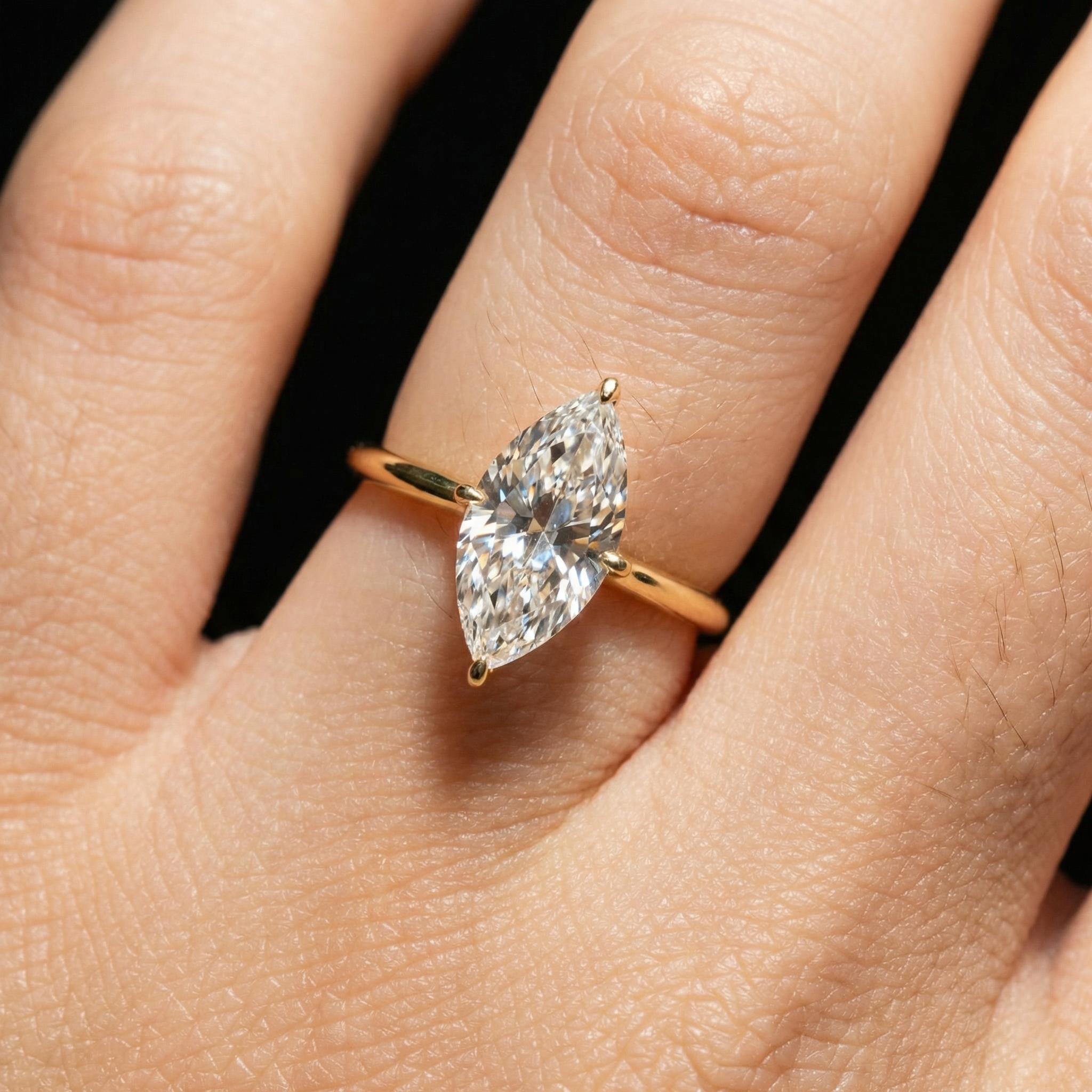 1.0ct - 2.0ct Marquise Cut Moissanite Ring, Knife Edge Solitaire Engagement Ring, 14K Gold Brilliant Solo Ring, April Birthstone Gift