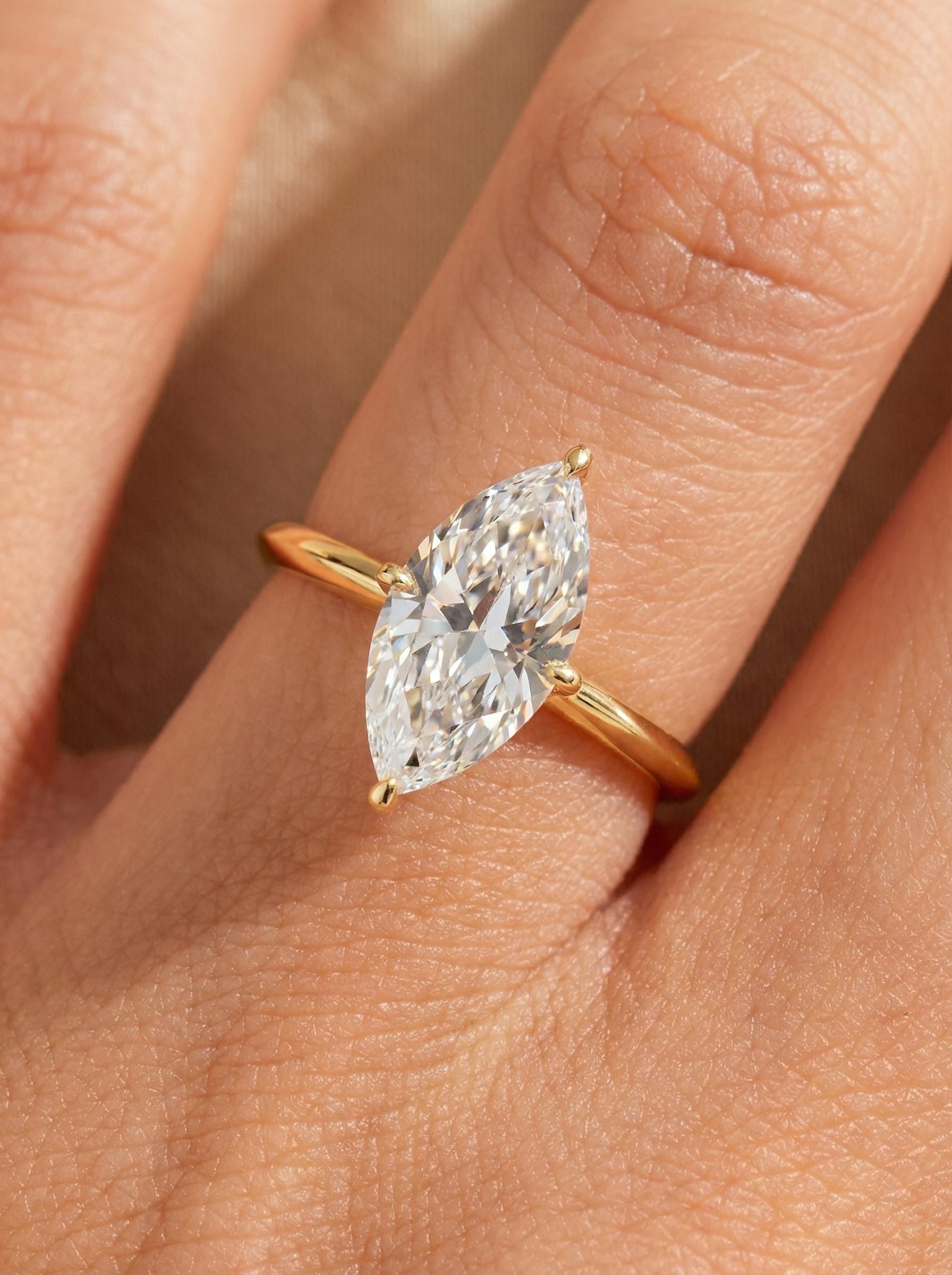 1.0ct - 2.0ct Marquise Cut Moissanite Ring, Knife Edge Solitaire Engagement Ring, 14K Gold Brilliant Solo Ring, April Birthstone Gift