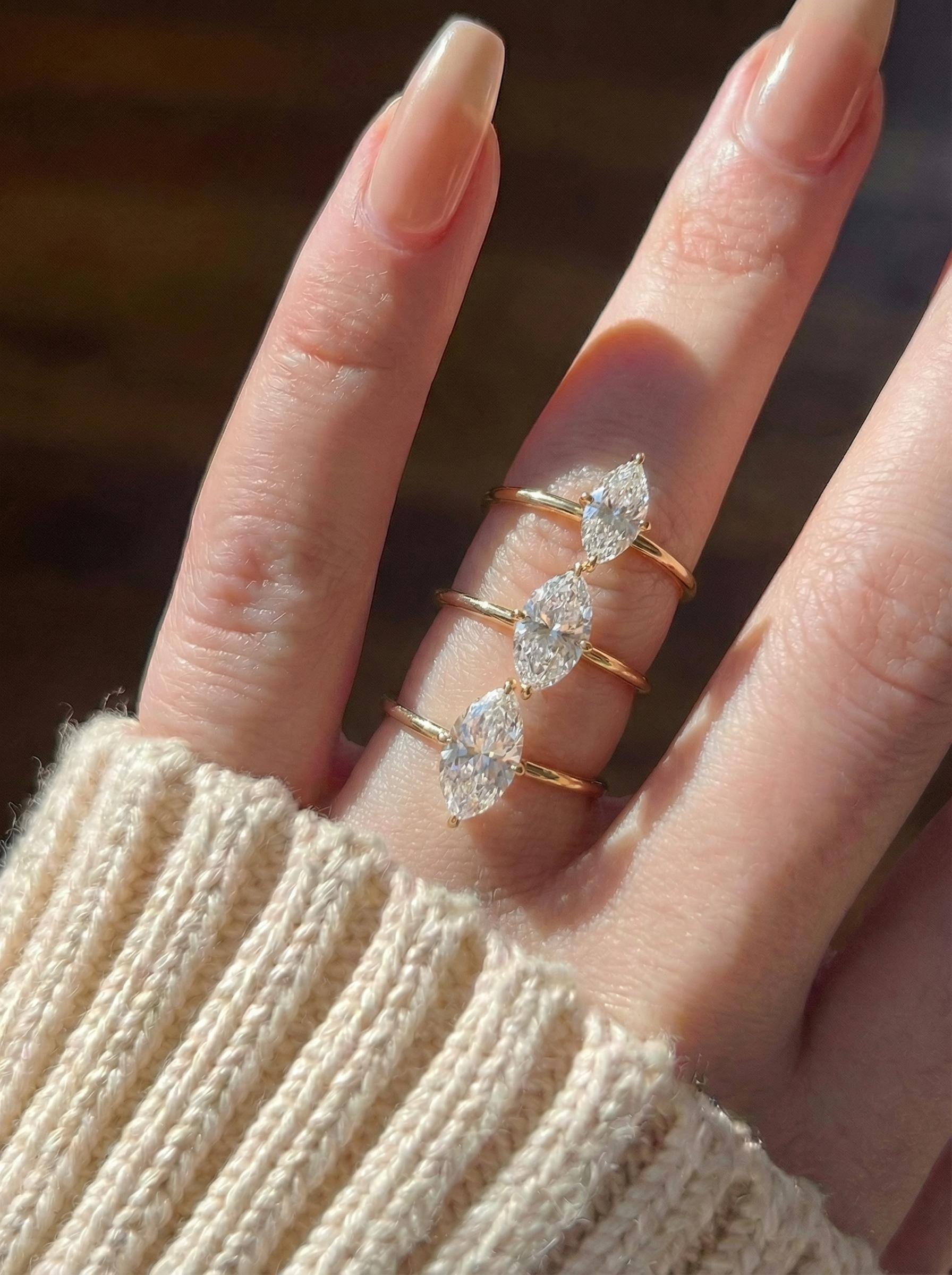 1.0ct - 2.0ct Marquise Cut Moissanite Ring, Knife Edge Solitaire Engagement Ring, 14K Gold Brilliant Solo Ring, April Birthstone Gift