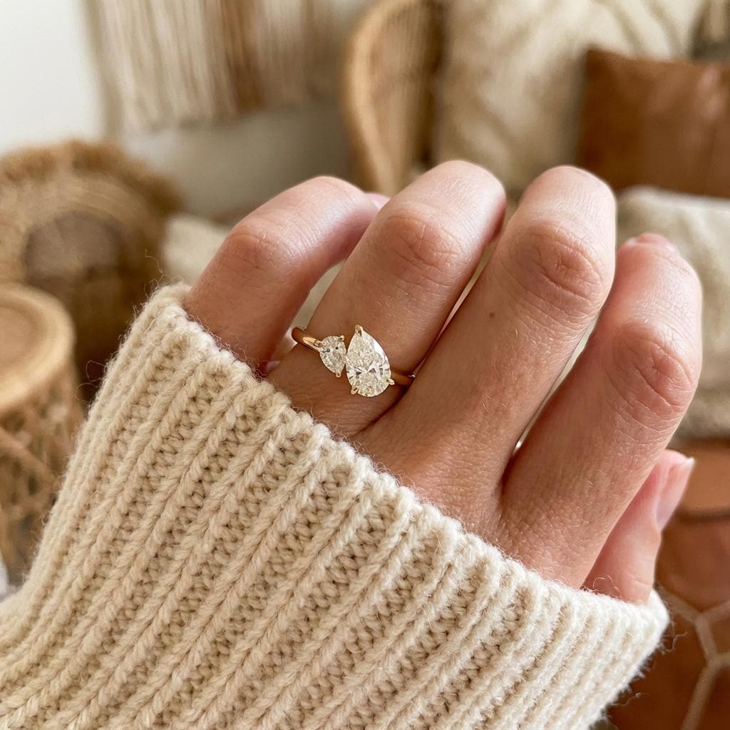 Moissanite Toi Et Moi Pear Cut Engagement Ring, Two Stone Promise Ring, Two-Stone Birthstone Statement Ring Gift, Mom Daughter Ring