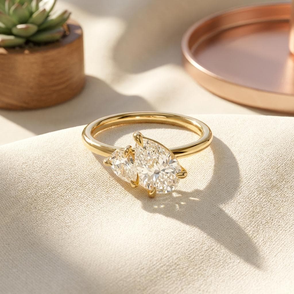 Moissanite Toi Et Moi Pear Cut Engagement Ring, Two Stone Promise Ring, Two-Stone Birthstone Statement Ring Gift, Mom Daughter Ring