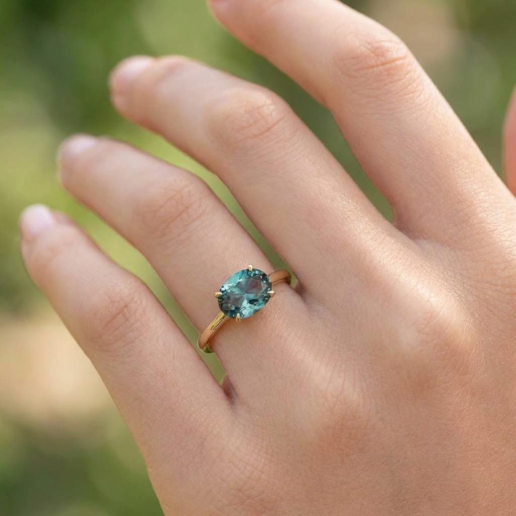 2.0 CT East West Oval Cut Alexandrite Engagement Ring, Yellow Gold Vermeil Ring, Dainty Travel Engagement Ring